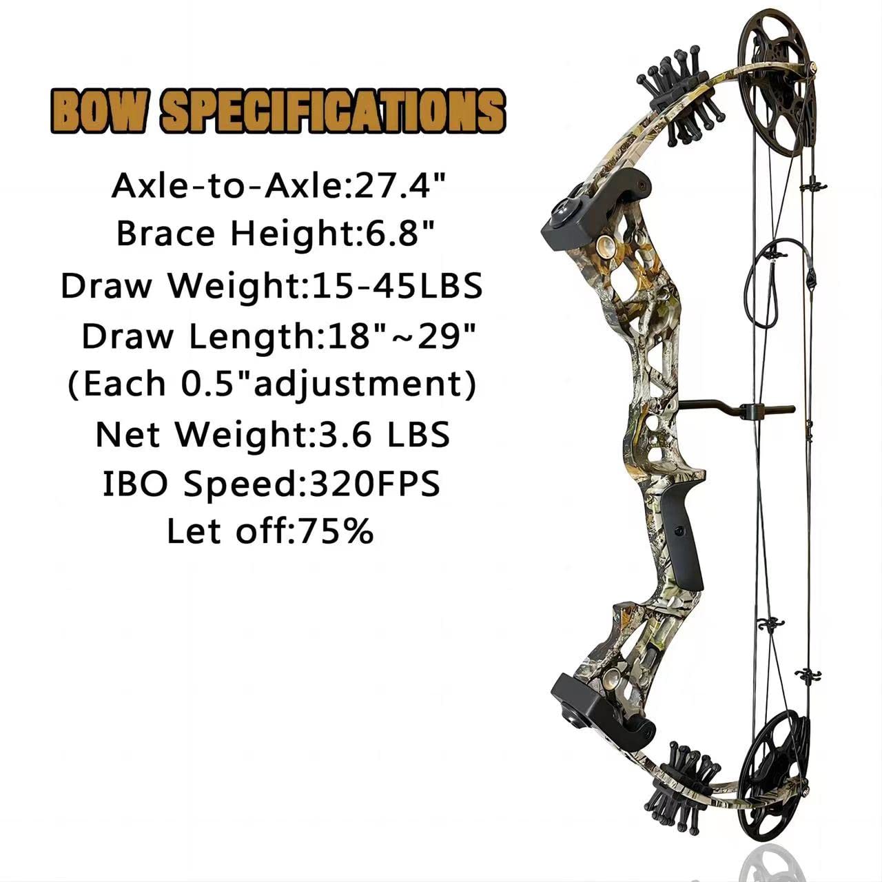 PANDARUS Compound Bow Set 15-45lbs for Pull Beginner and Teens Right Handed Adjustable 18"-29" Draw Length, 320 FPS Speed, Hunting Bow Archery Set New 2024 (Camo Right Handed)