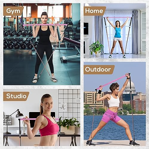 LEXIL Portable Pilates Bar Exercise Kit-Stackable 3 Pairs of Resistance Bands (15, 20, 30LB) - Home Gym Equipment for Men and Women, Workout Kit for Body Toning,with Fitness Video(Pink)