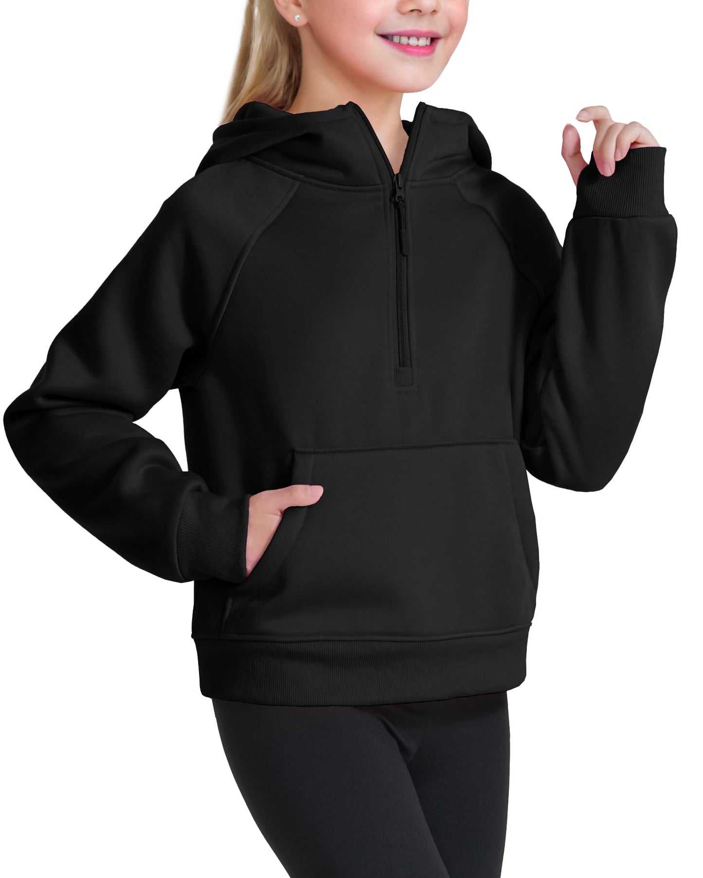 KEREDA Girls Half Zip Hoodies Fleece Pullover Sweatshirt Long Sleeve Winter Clothes Thumb Hole Black 9-10 Years