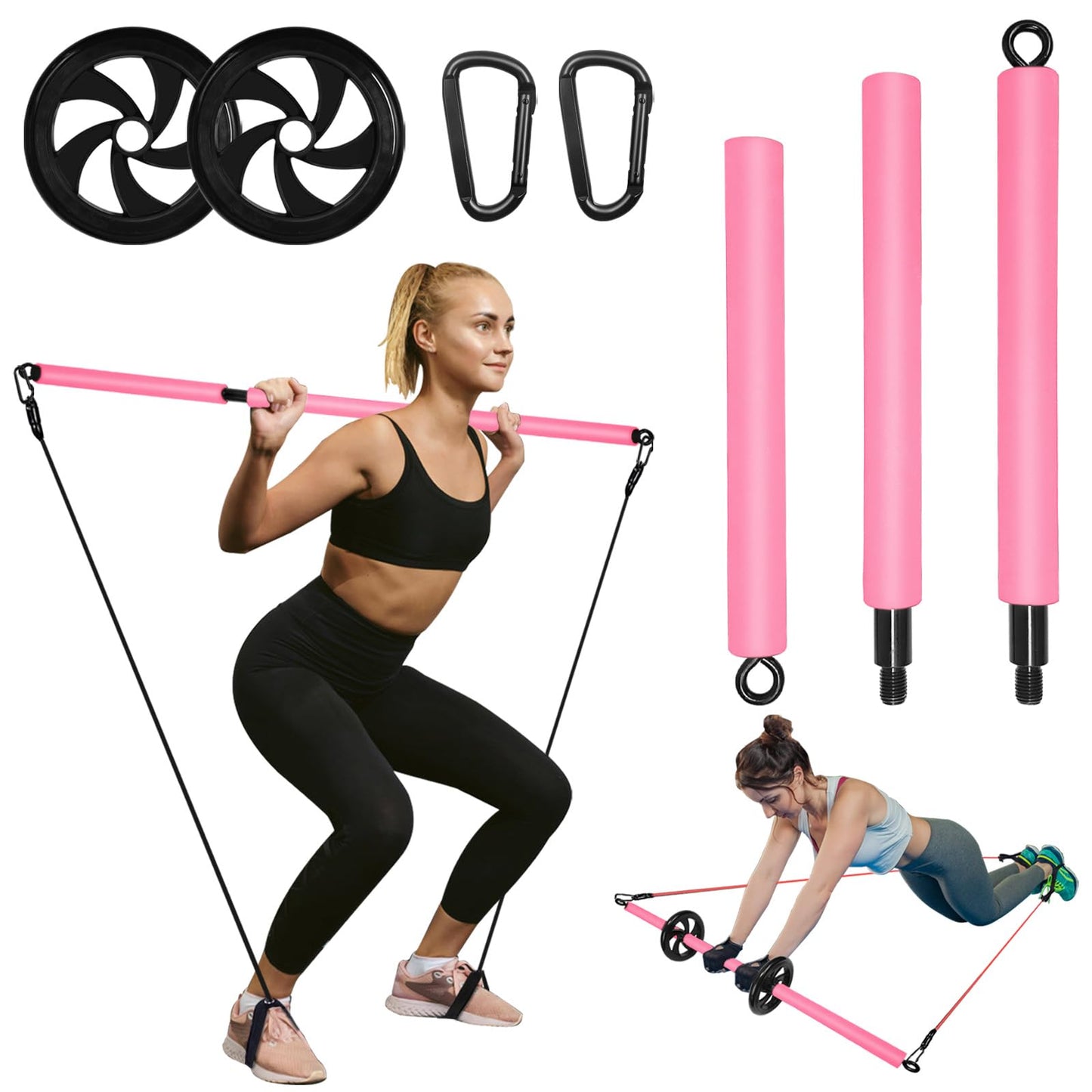 Portable Pilates Bar, Pilates Resistance Band Bar with Ab Roller, 3-Section Multifunctional Pilates for Stretched Exercise, Home Gym Yoga Stick for Full Body Workout Training Women & Men (Pink)