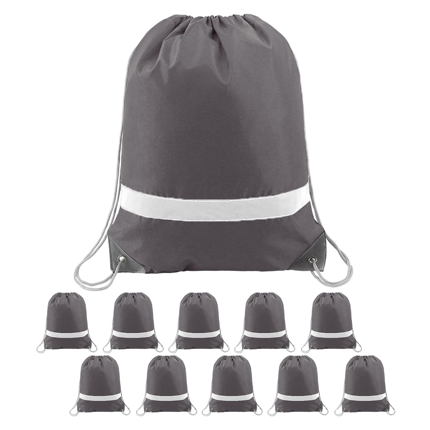 BeeGreen Grey Drawstring Backpack Bulk 10 Pieces Wholesale, String Backpack for Party Gym Sport Trip, Reflective Strips Cinch Sack with String, DIY Drawstring Bags for Women and Men