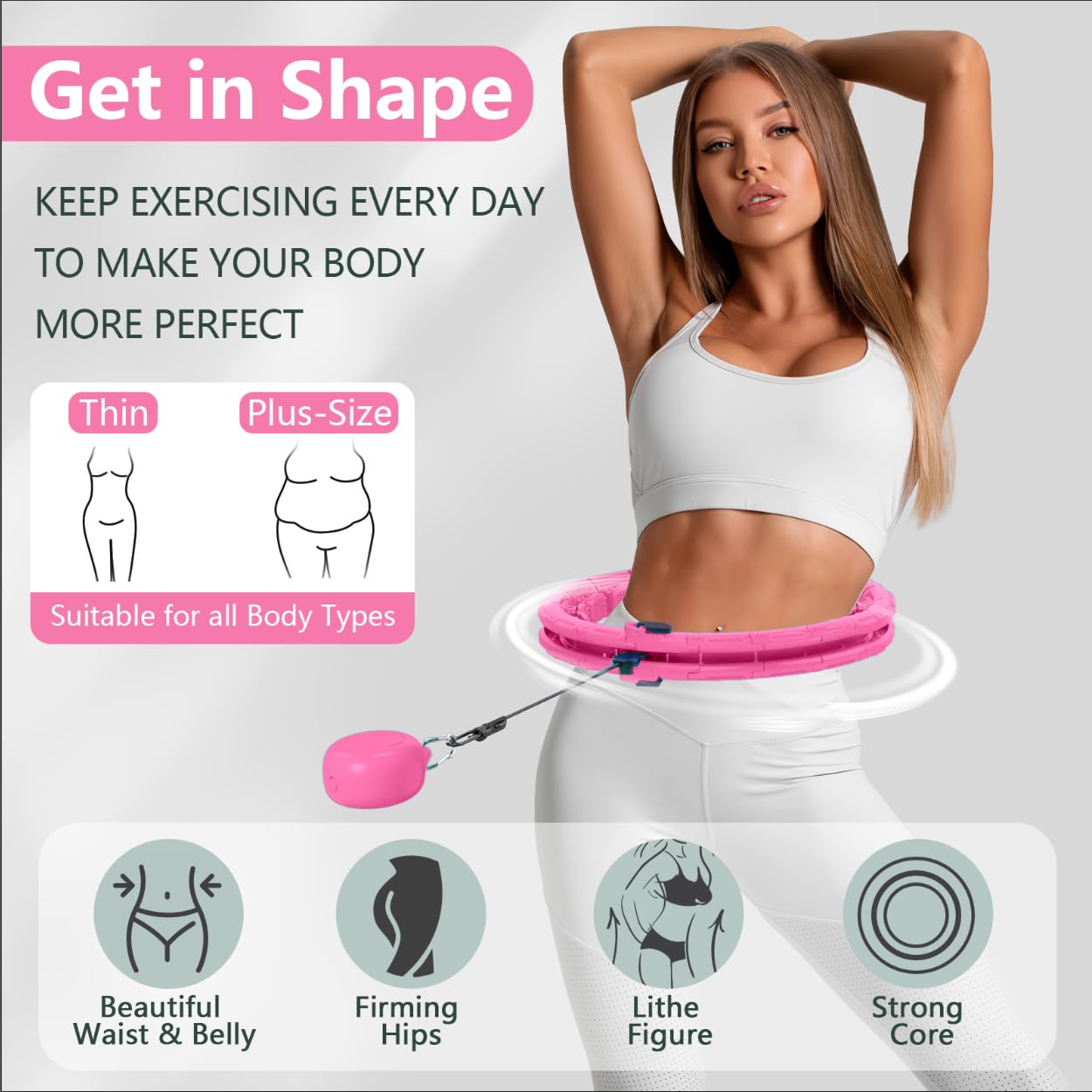 Leann L!fe U1-28 Knots Waist 56”, Magnetic Lock Smart Weighted Hula Hoop for Adults Weight Loss, Infinity Hoop Plus Size, Children Adult Home Outdoors, Fitness Exercise, Abdominal Toner, Light Pink