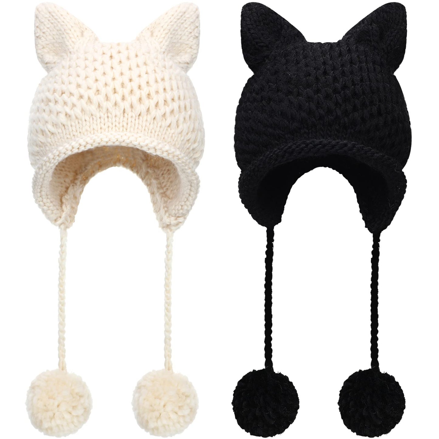 Cat Ear Beanie 2 Pieces Warm Beanie with Ears Cute Cat Hats for Women Crochet Cat Winter Hat Knit Ear Pom Hat Black, White