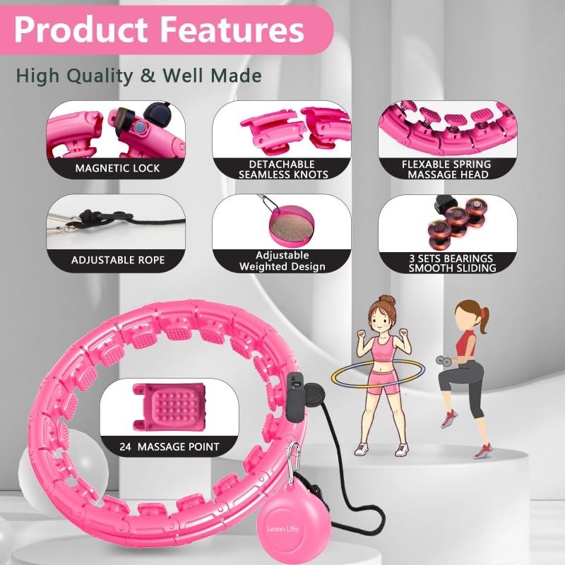 Leann L!fe U1-28 Knots Waist 56”, Magnetic Lock Smart Weighted Hula Hoop for Adults Weight Loss, Infinity Hoop Plus Size, Children Adult Home Outdoors, Fitness Exercise, Abdominal Toner, Light Pink