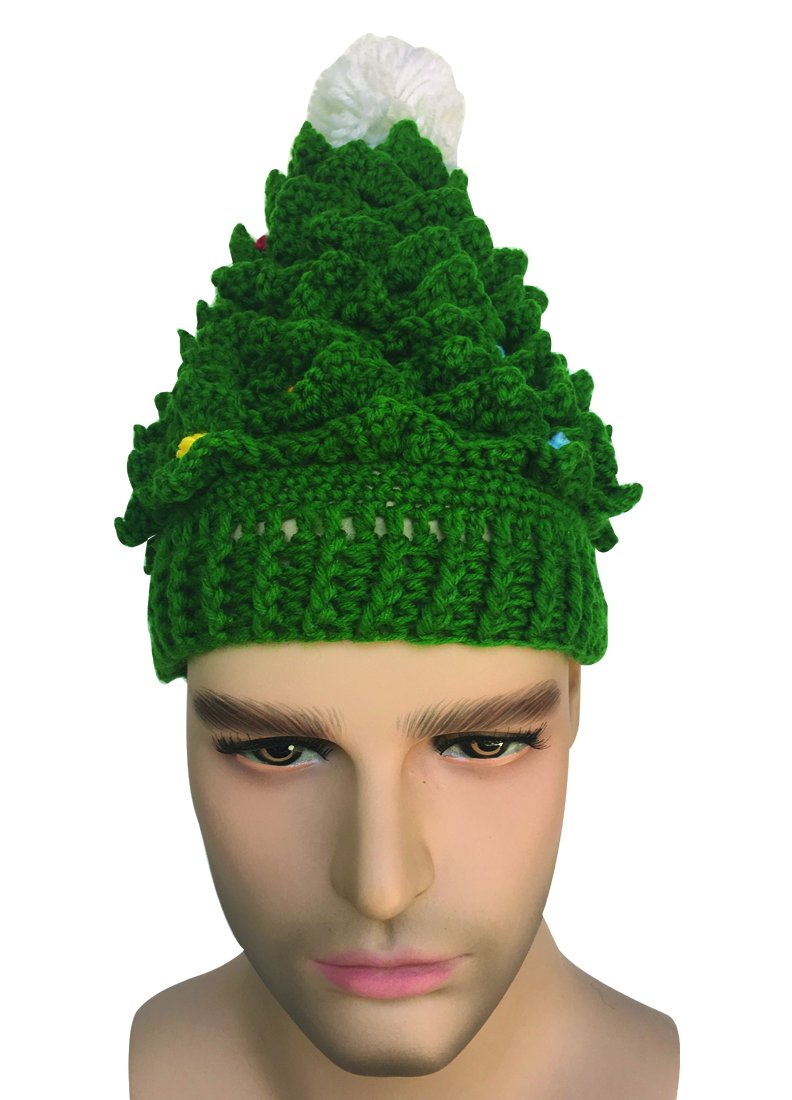 Kafeimali Unisex Christmas Winter Knitted Crochet Beanie Santa Hat with Beard Foldaway Bearded Caps (Green)