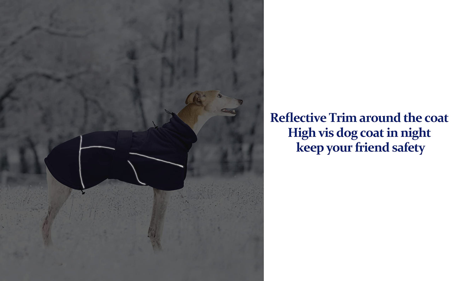Greyhound Lurcher Winter Coat, Whippet Warm Coat with Fleece, Water Resistant Dog Jacket with Adjustable Bands and Zipper Harness Hole - Navy - Medium