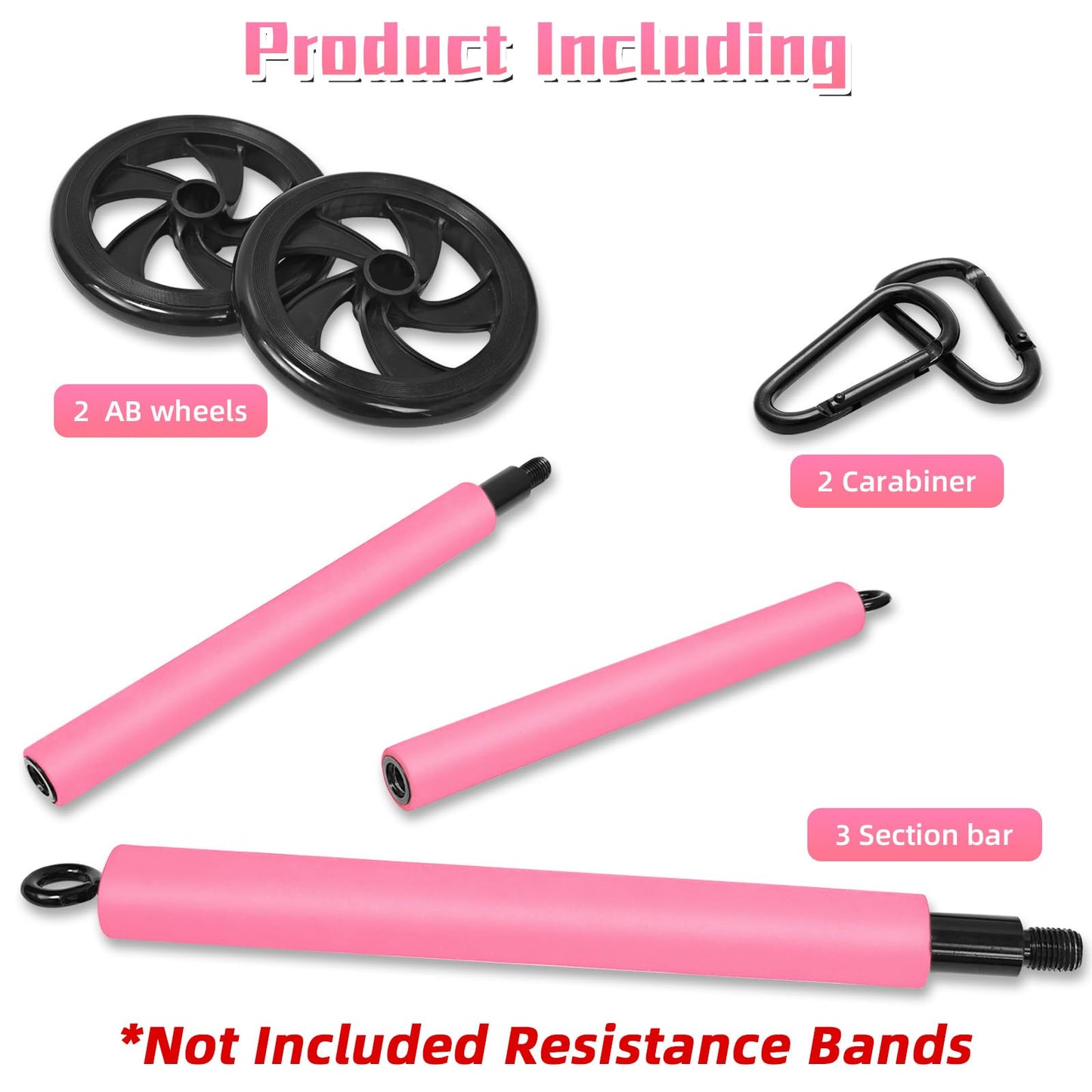 Portable Pilates Bar, Pilates Resistance Band Bar with Ab Roller, 3-Section Multifunctional Pilates for Stretched Exercise, Home Gym Yoga Stick for Full Body Workout Training Women & Men (Pink)
