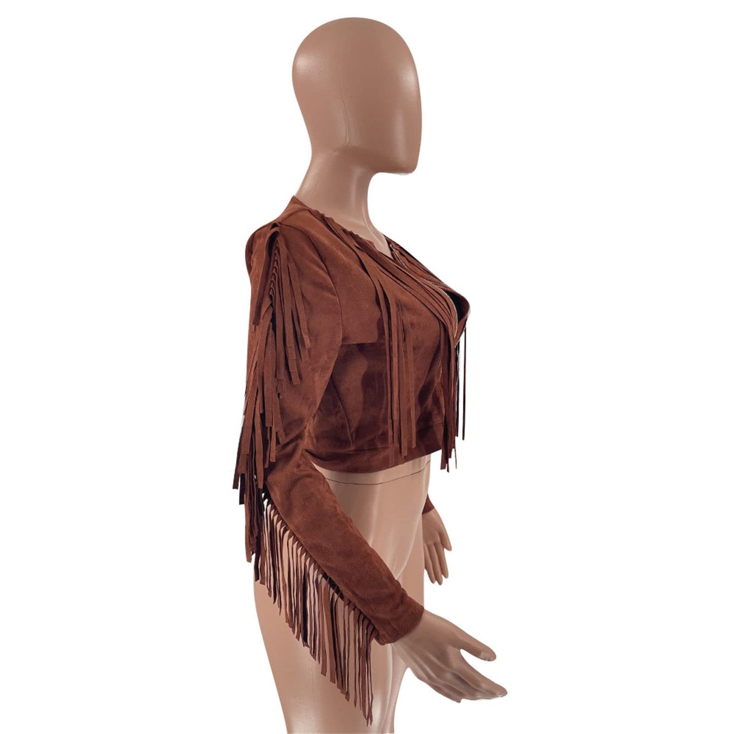 JEsilunmaMY Sexy Tassel Jacket for Women Zip Up Long Sleeve Crewneck Cropped Coats Solid Color Slim Fit Casual Short Jackets (Coffee,Small)