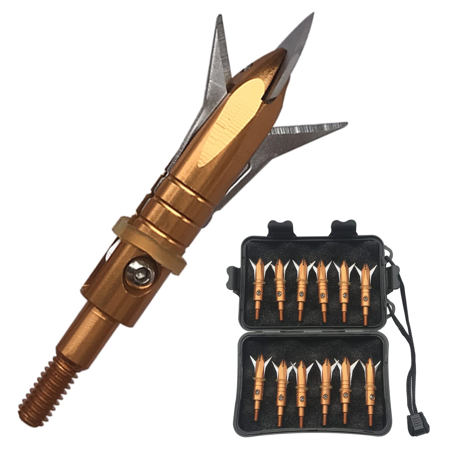 e5e10 12pcs Hunting Broadheads 100 Grain Archery Broadheads New Stell Broadheads + 1 pcs Black Broadhead Case for Arrowheads (Golden)