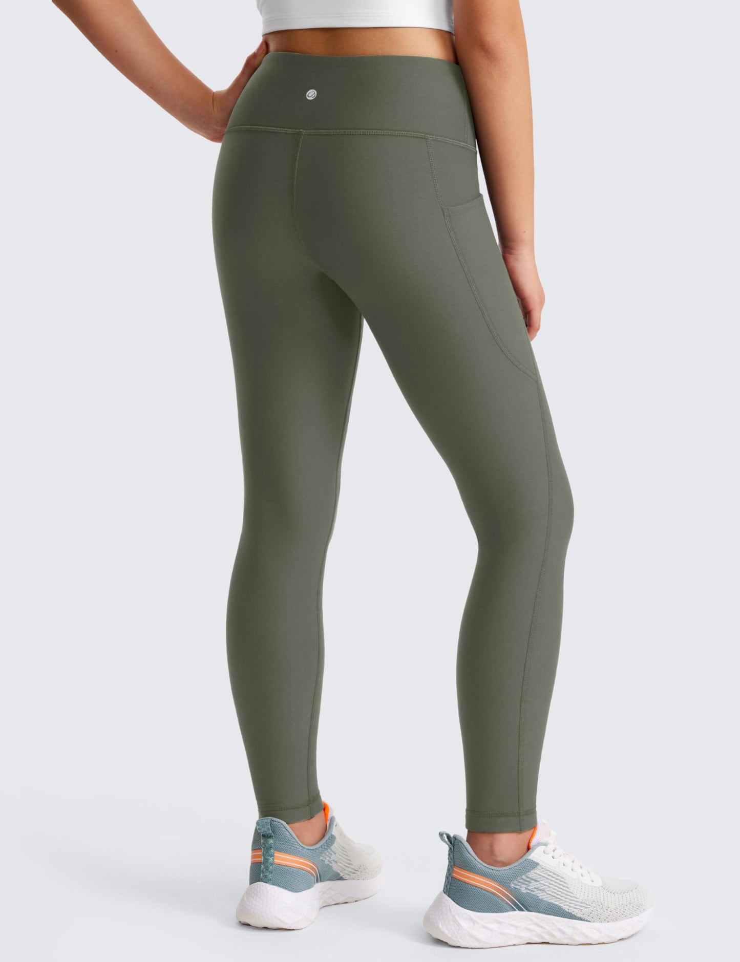 CRZ YOGA Girls Thermal Fleece Lined Athletic Leggings Water Resistant High Waist Warm Winter Kids Lounge Pants Side Pockets Light Army Green Medium