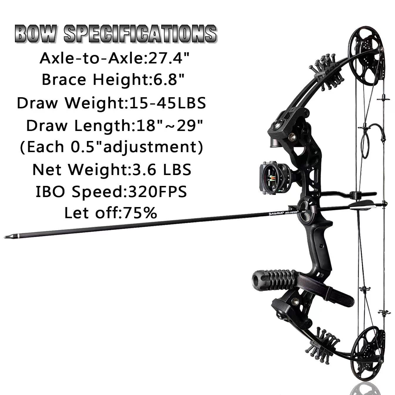 PANDARUS Compound Bow Set 15-45lbs for Pull Beginner and Teens Right Handed Adjustable 18"-29" Draw Length, 320 FPS Speed, Hunting Bow Archery Set New 2024(Black Right Handed)