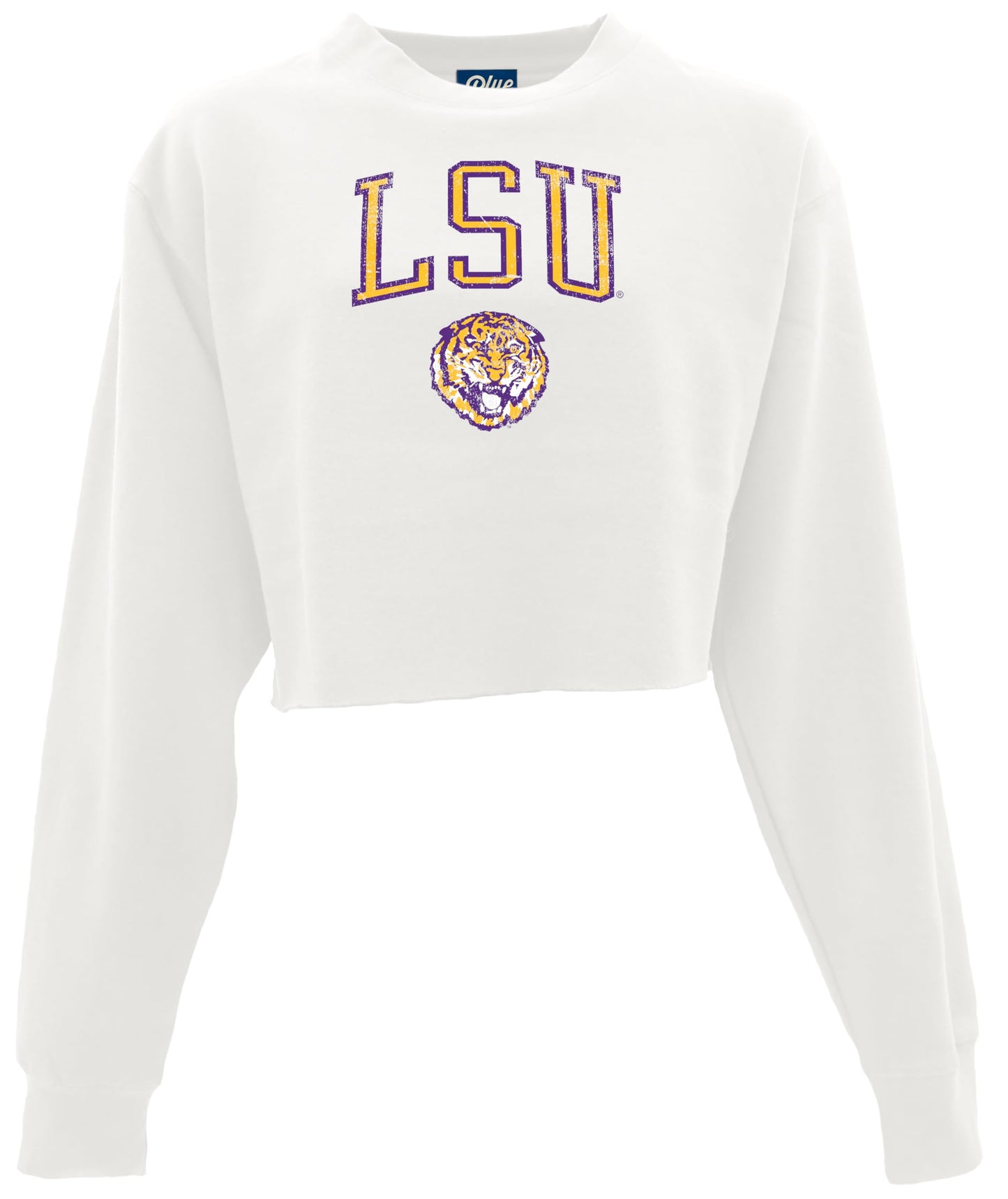 Blue 84 Women's Standard NCAA Officially Licensed Crop Crewneck Sweatshirt Vintage Arch Over White, Medium