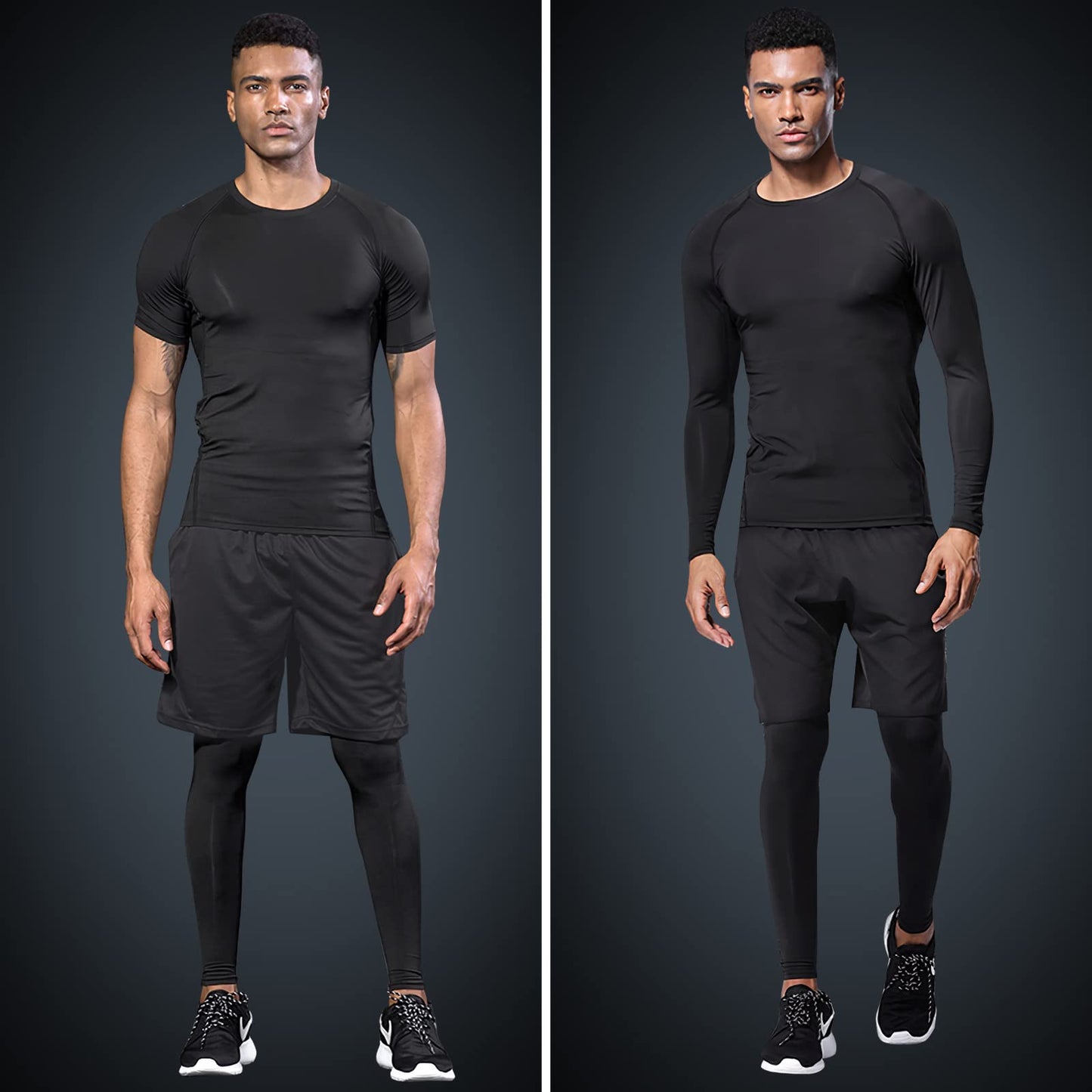 JULY'S SONG Men Compression Workout Set Dry Quick Shirt Pants Shorts Tights Jacket 5 Pieces Clothes for Gym Athletic Running Gear Black