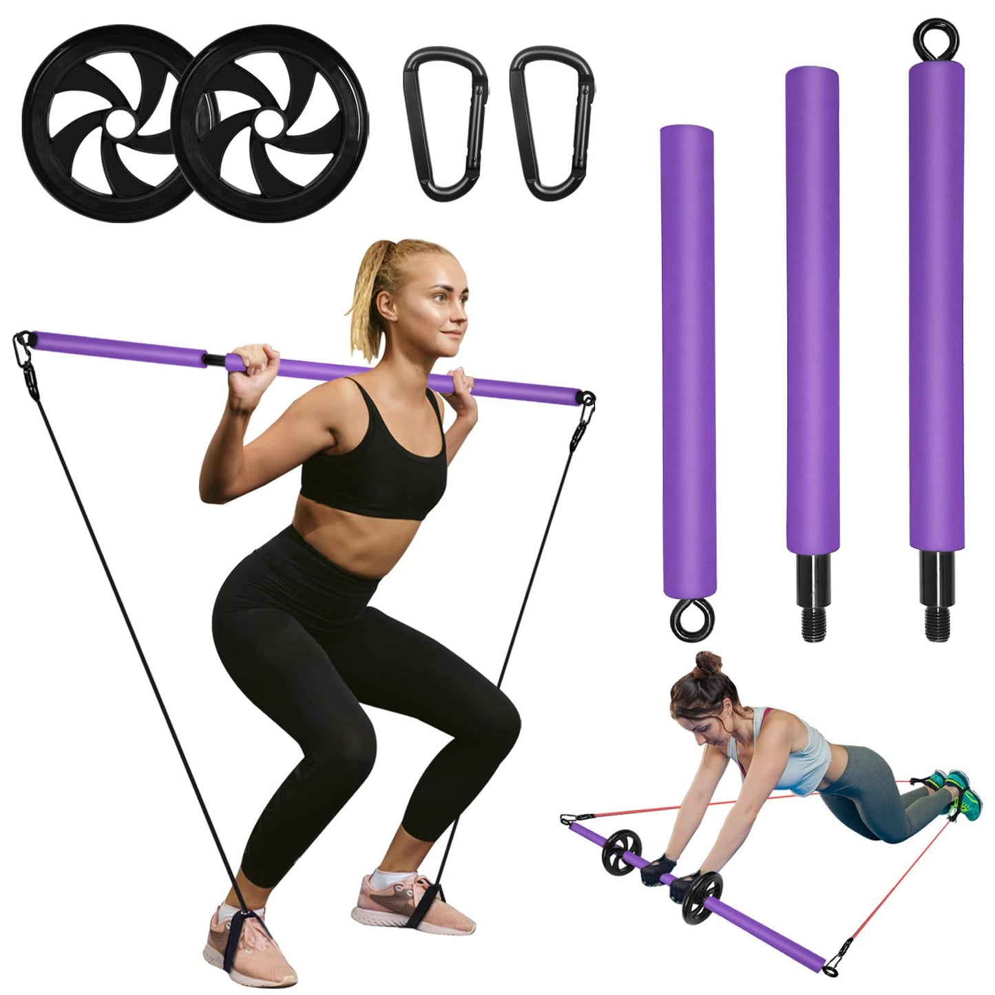 Portable Pilates Bar, Pilates Resistance Band Bar with Ab Roller, 3-Section Multifunctional Pilates for Stretched Exercise, Home Gym Yoga Stick for Full Body Workout Training Women & Men (Purple)
