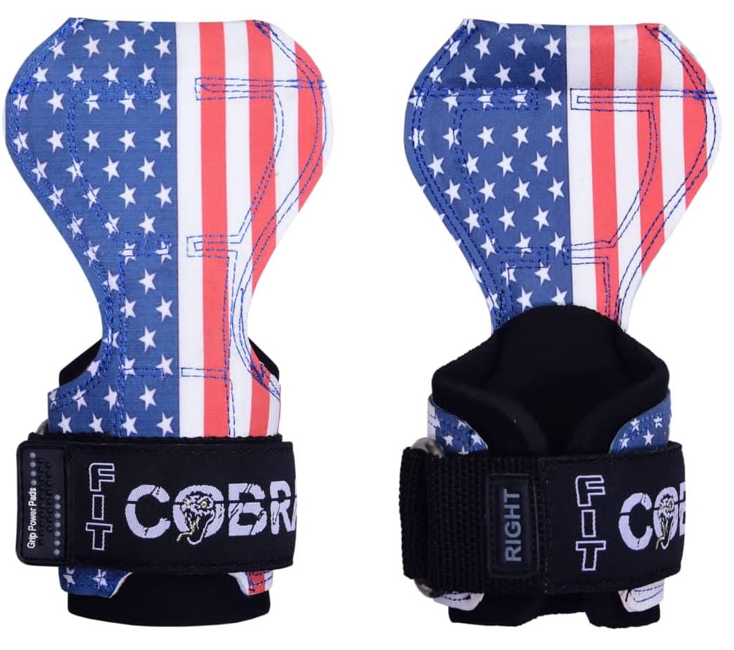 Cobra Grips PRO Weight Lifting Gloves Heavy Duty Straps Alternative Power Lifting Hooks For Deadlifts Adjustable Neoprene Padded Wrist Support Bodybuilding (FIT USA FLAG Leather)