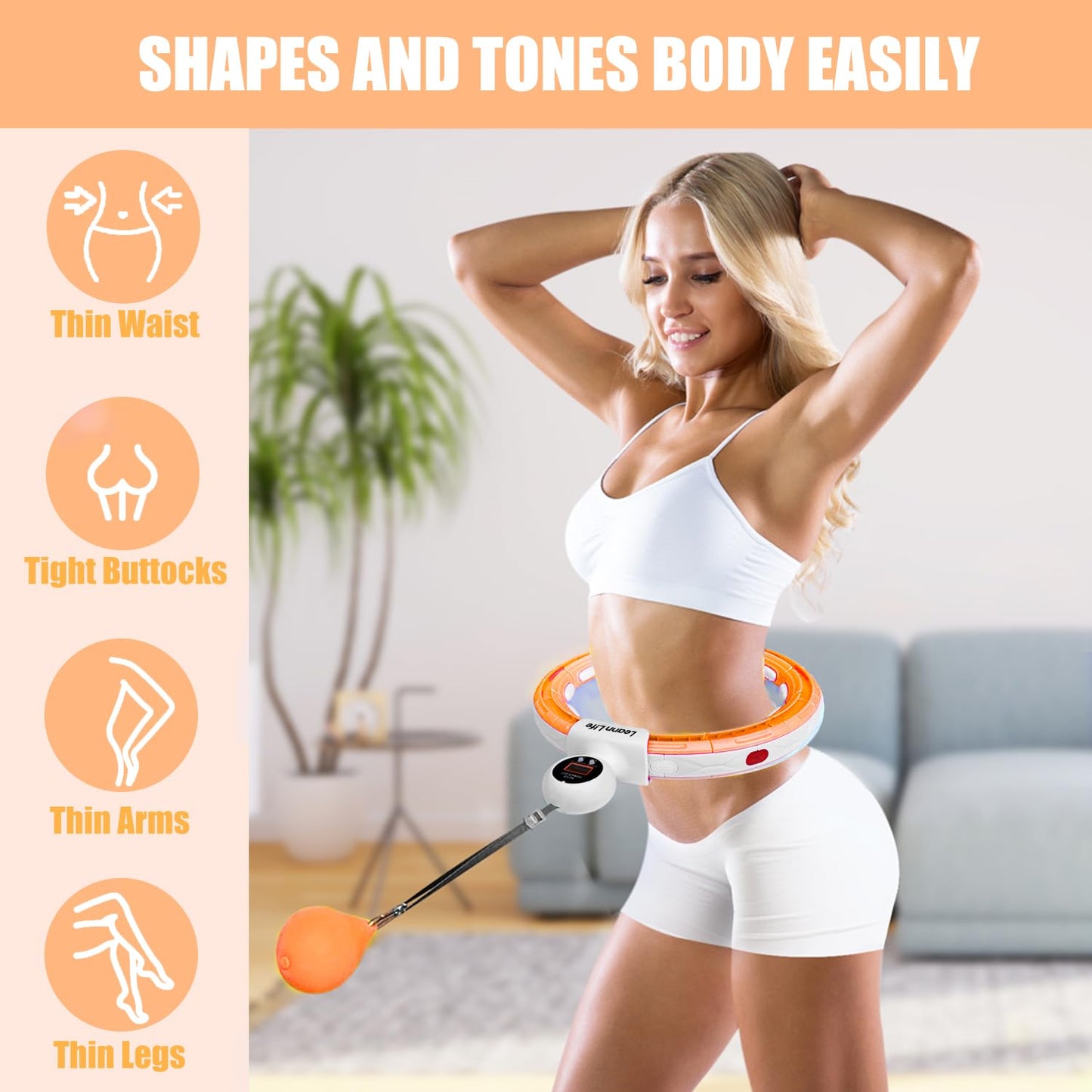Leann L!fe U5-16 Knots with Counter, U5 Silent Smart Weighted Hula Hoop for Adults Weight Loss Infinity Hoop Plus Size, Home Outdoors Fitness Exercise, Abdominal Toner, (Orange-Waist 28"~46")