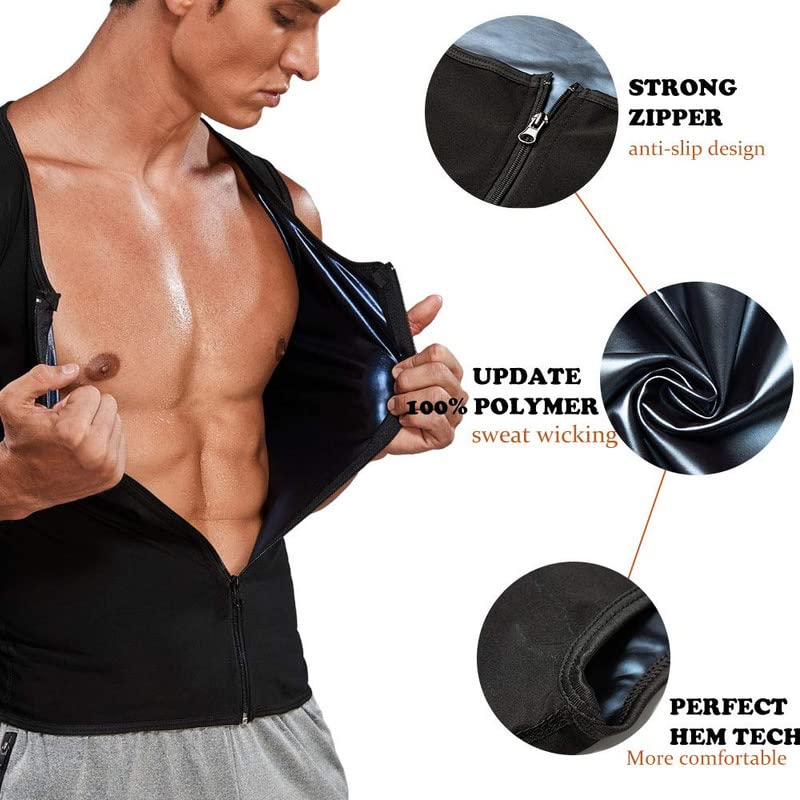 SHAPERIN Sweat Vest for Men Zipper Sauna Vest Tank Top, Mens Waist Trainer Body Slimming Workout Body Shaper (Black,Small)