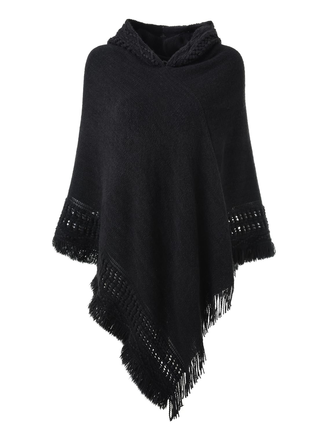 Ferand Ladies' Hooded Cape with Fringed Hem, Crochet Poncho Knitting Patterns for Women, Black