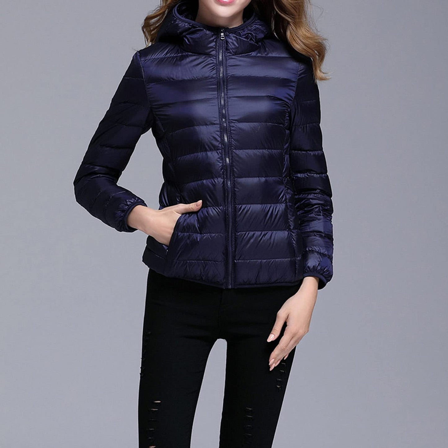 JEsilunmaMY Lightweight Short Puffer Jacket for Women Zip Long Sleeve Packable Hooded Down Coats Slim Winter Cropped Outwear (Dark Blue,Small)