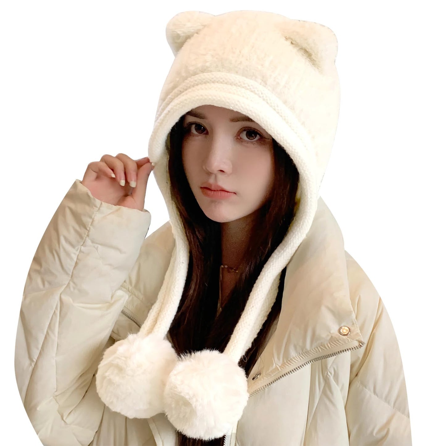 HUAMULAN Women Winter Sherpa Beanie Hats Knit Ear Flaps Peruvian Cover Ears Fleece Lined Fluffy Ski Snow Hat Pompoms