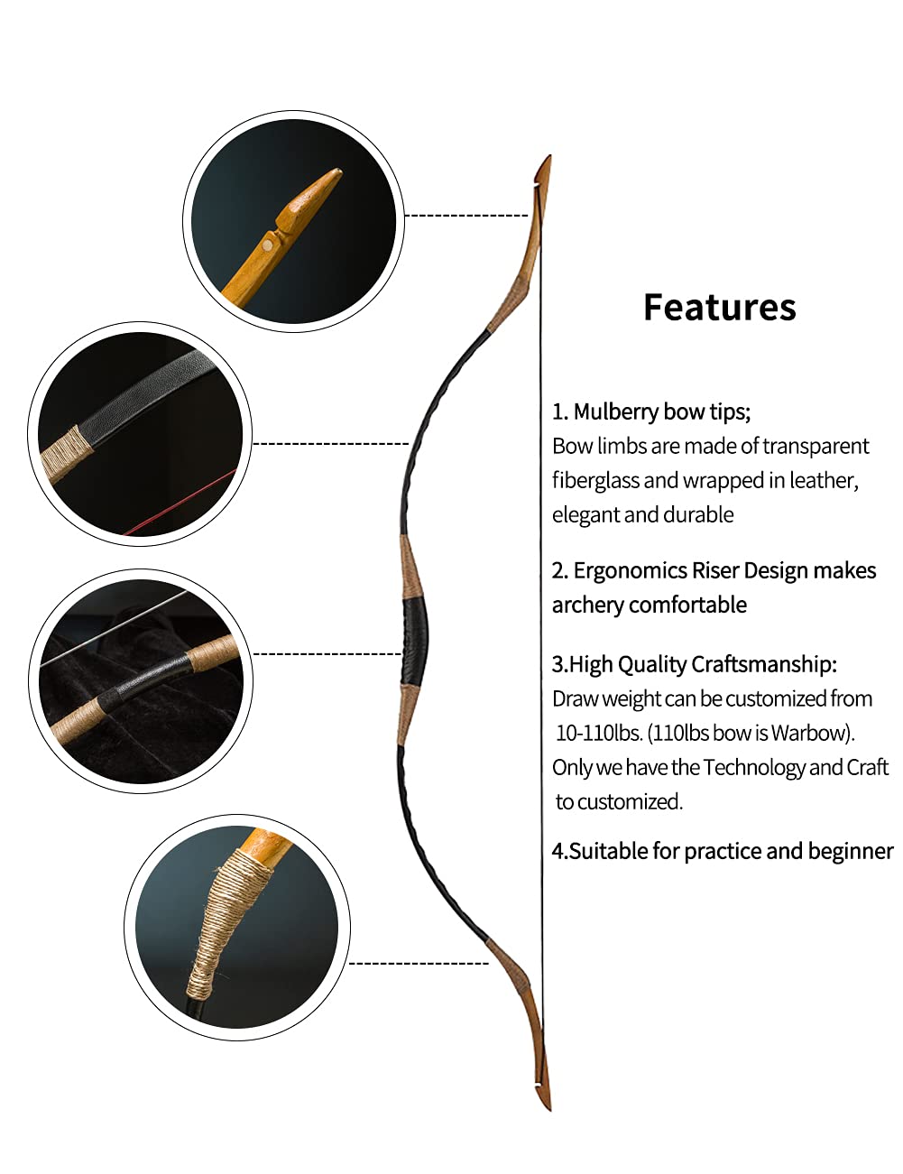 Hungarian Style Handmade Longbow Flagella Recurve Horsebow Archery 40LB