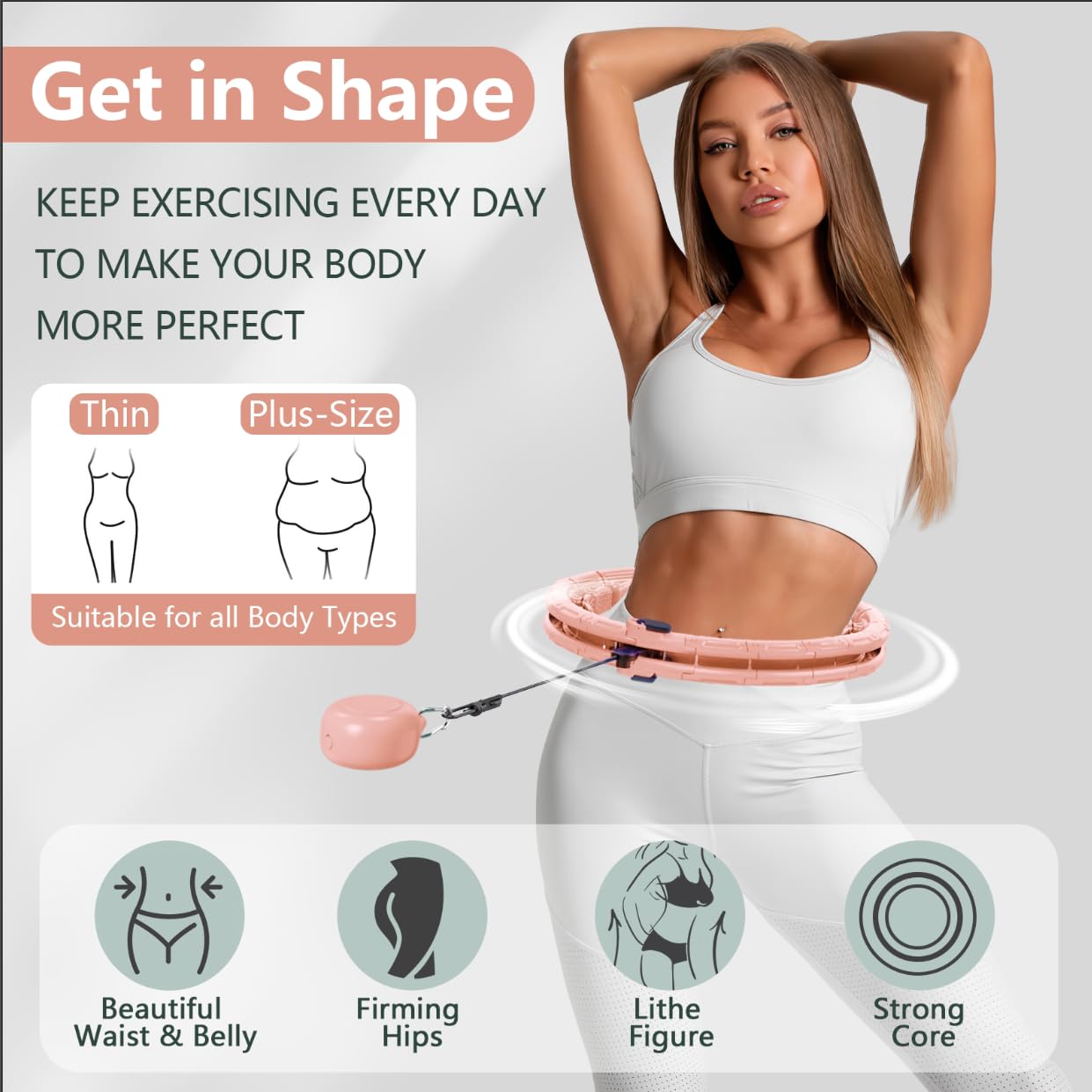 Leann L!fe U1-30 Knots, Magnetic Lock Smart Weighted Hula Hoop for Adults Weight Loss, Infinity Hoop Plus Size, Children Adult Home Outdoors, Fitness Exercise, Abdominal Toner, Peach