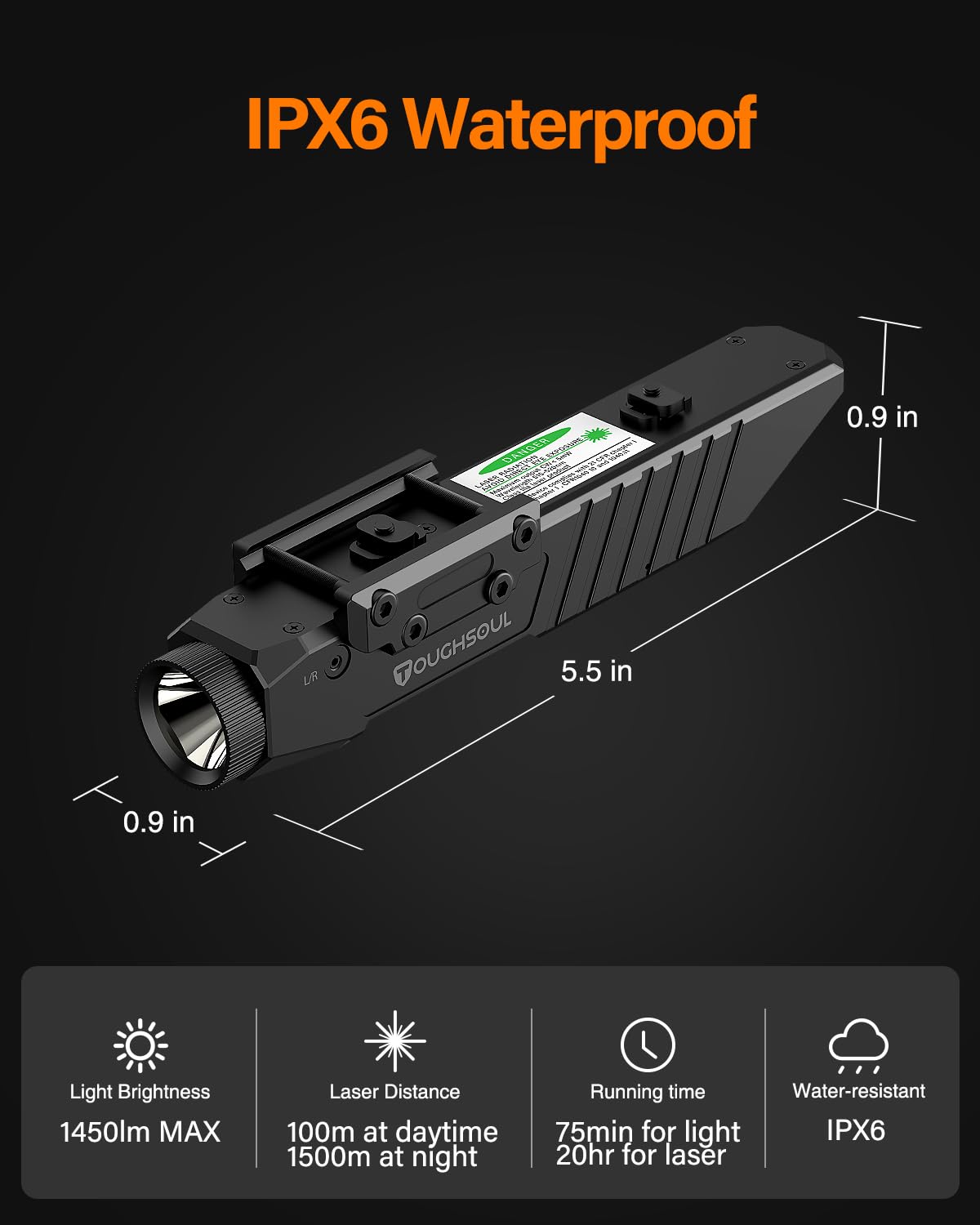 TOUGHSOUL Mlok Picatinny 2 in 1 Tactical Flashlight with Blue Laser Sight Combo, Body Material Polymer 1450 Lumen Light with Rechargeable Battery (Blue Laser)