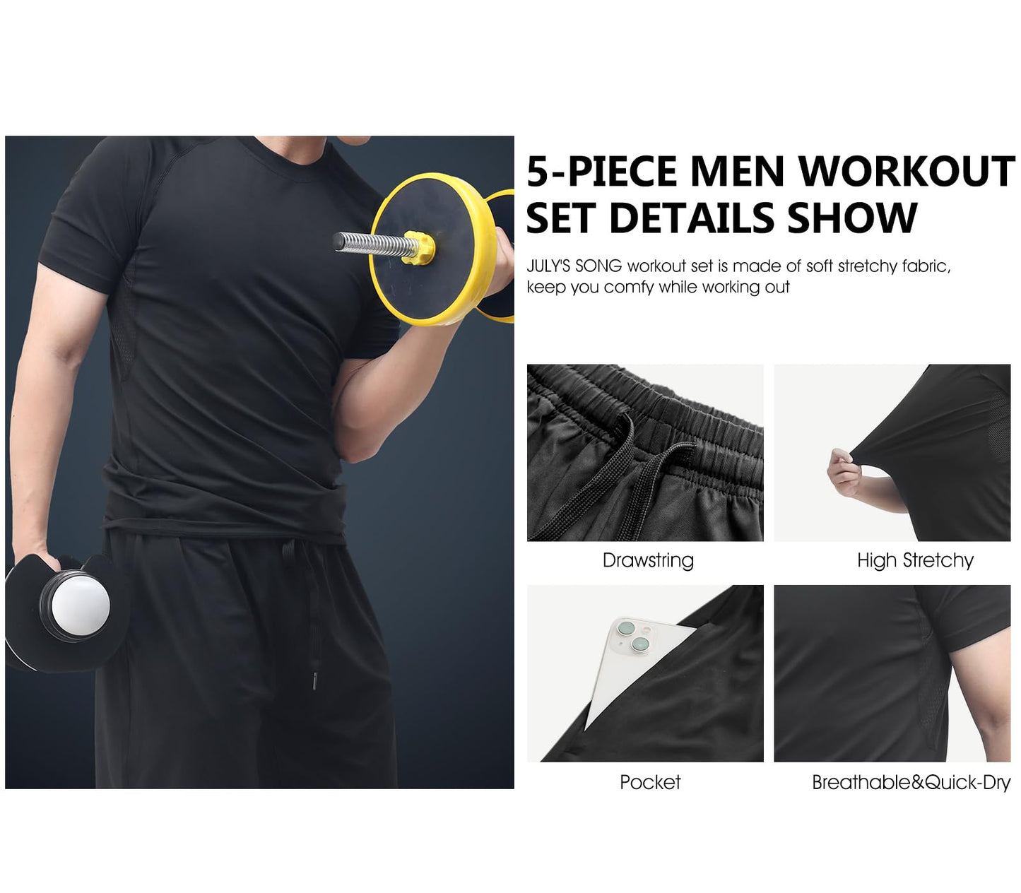 JULY'S SONG Men Compression Workout Set Dry Quick Shirt Pants Shorts Tights Jacket 5 Pieces Clothes for Gym Athletic Running Gear Black