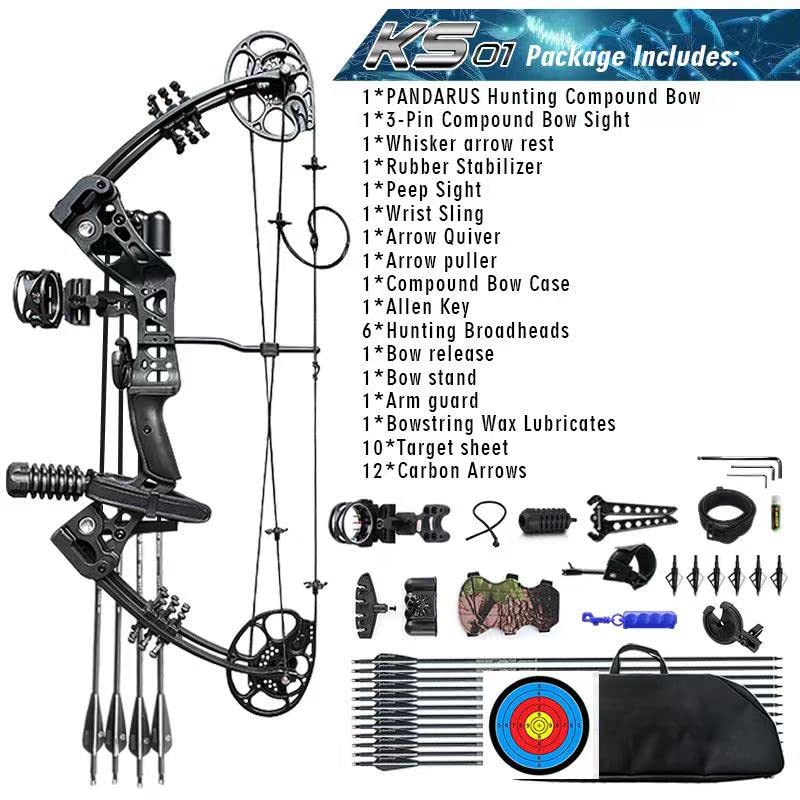 PANDARUS Compound Bow Set 15-45lbs for Pull Beginner and Teens Right Handed Adjustable 18"-29" Draw Length, 320 FPS Speed, Hunting Bow Archery Set New 2024(Black Right Handed PRO)