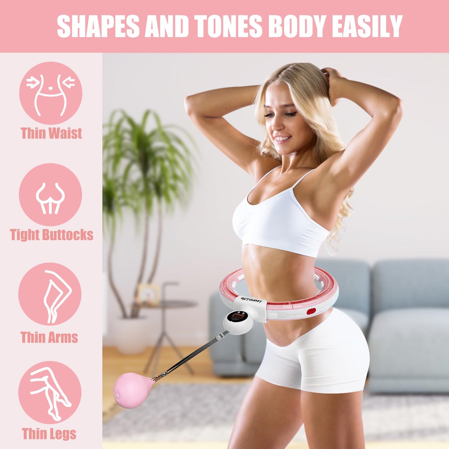 Leann L!fe U5-16 Knots with Counter, U5 Silent Smart Weighted Hula Hoop for Adults Weight Loss Infinity Hoop Plus Size, Home Outdoors Fitness Exercise, Abdominal Toner, (Pink-Waist 28"~46")