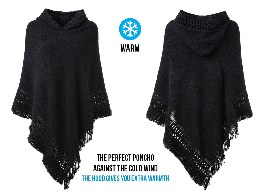 Ferand Ladies' Hooded Cape with Fringed Hem, Crochet Poncho Knitting Patterns for Women, Black