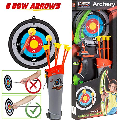 Liberty Imports Kids Bow and Arrow Set - LED Light Up Archery Toy Set with 6 Suction Cup Arrows, Target, Quiver - Indoor and Outdoor Target Practice for Children, Boys, Girls (Pink) (Green)