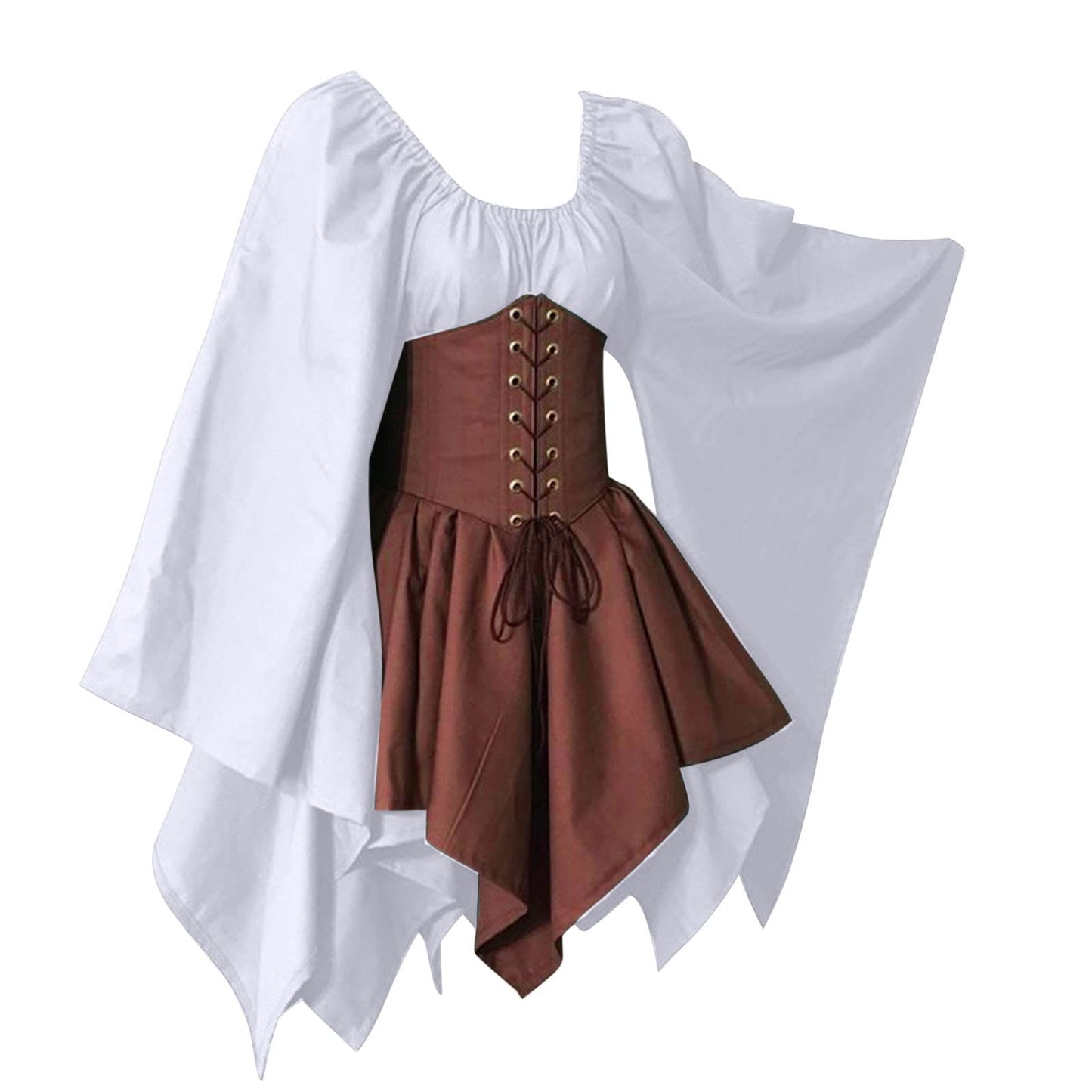 KEGIRLOM Clearance Warehouse Deals Women's Medieval Renaissance Dress Costume Flare Sleeve Corset Skirt Overskirt Elven Archer Irish Over Gown 2pcs Set,Victorian Dressing Gown Women