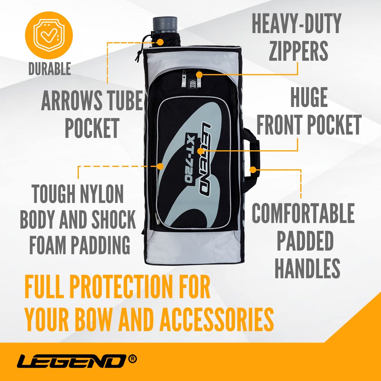 Legend - XT720 Recurve Bow Case (Grey) | Backpack Style Bag with Heavy Duty Foam Padding for Portable Protection of Recurve Bows & Risers up to 27" | Telescopic Arrow Tube Extends Up to 35"