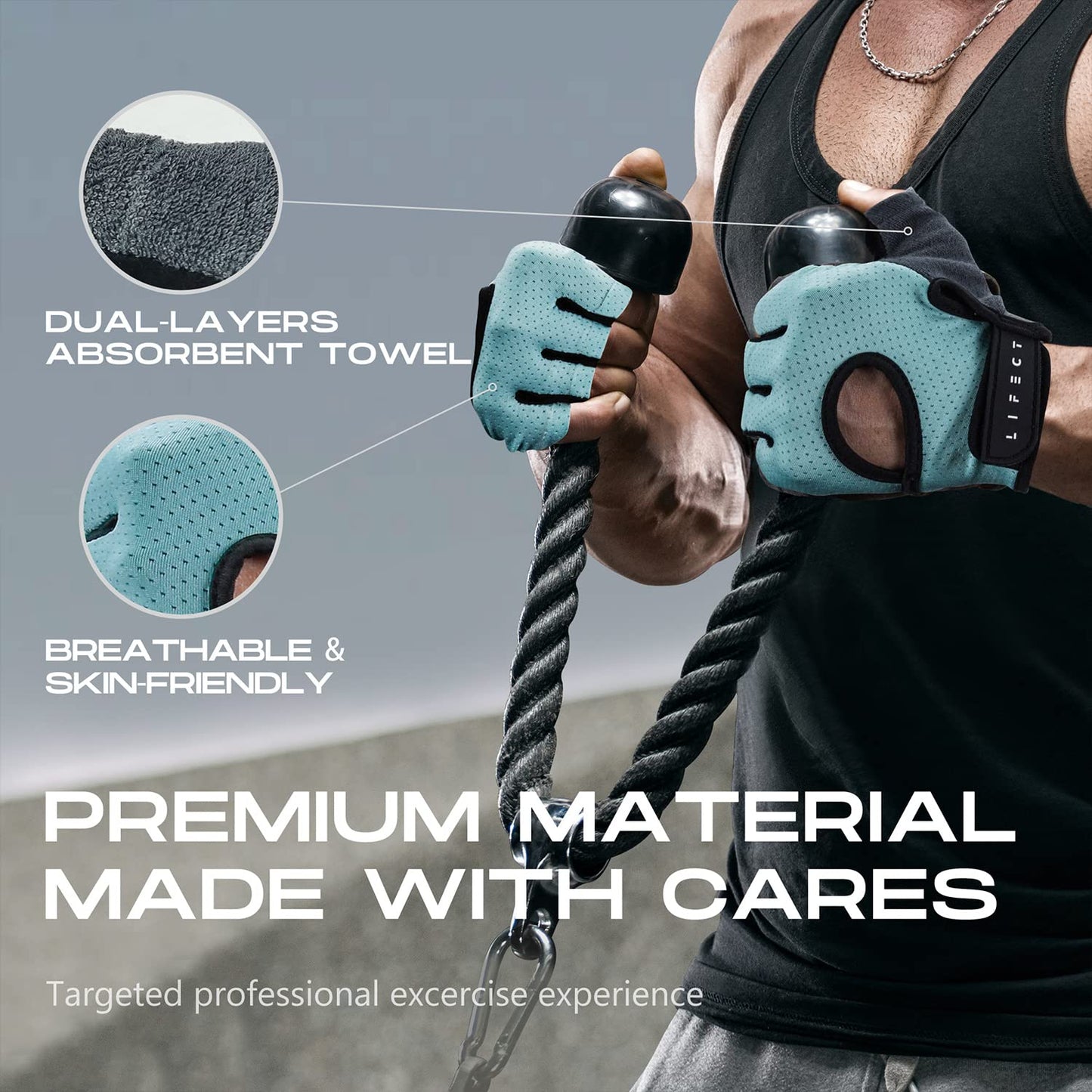 LIFECT Essential Breathable Workout Gloves, Knuckle Weight Lifting Fingerless Gym Exercise Gloves with Curved Open Back, for Powerlifting, Crossfit, Women and Men (Blue, Medium)
