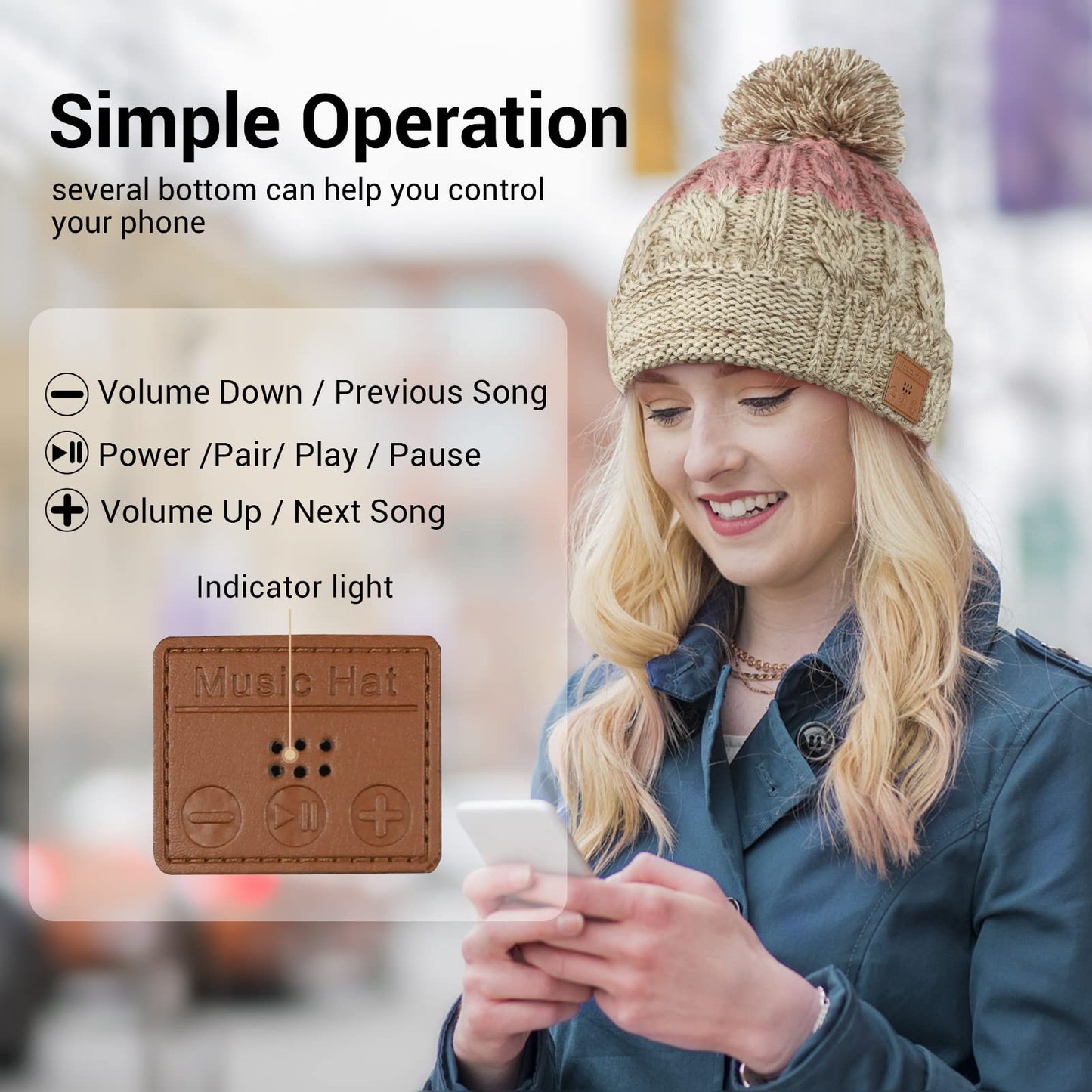 Bluetooth Beanie for Women, Wireless Knit Winter Cap, Built-in Microphone and HD Stereo Speakers, Beanie Hat with Headphones for Outdoor Homes and Gifts (Khaki & Pink)