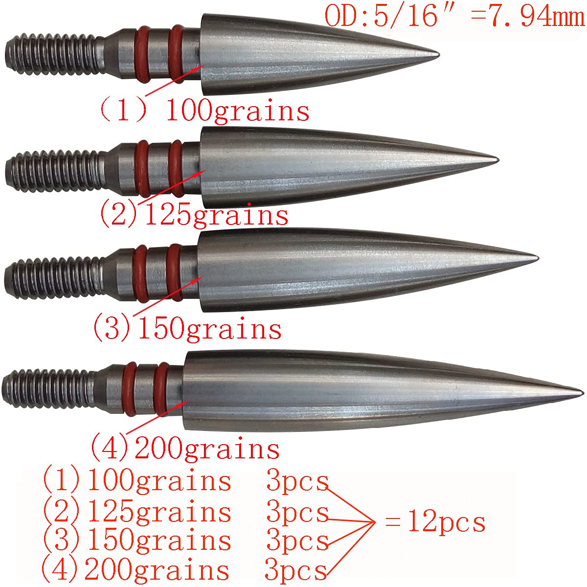 Aklisdlha Field Points arrowheads 100/125/150/200/300 Grains Archery Field Points,Stainless Steel Screw in Archery Field Tips and Broadheads (1 Dozen 12 PCS)(5/16″-Combination)