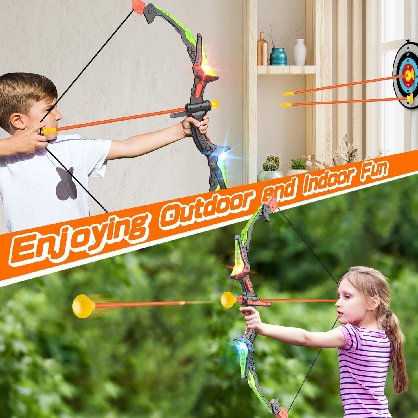 Kids Bow and Arrow Toy Set, LED Light Up Archery Toys with 8 Suction Cups Arrows, Outdoor Indoor Shooting Games Toys for 6 7 8 9 10 11 12 Year Old Boys Grils Birthday Gifts