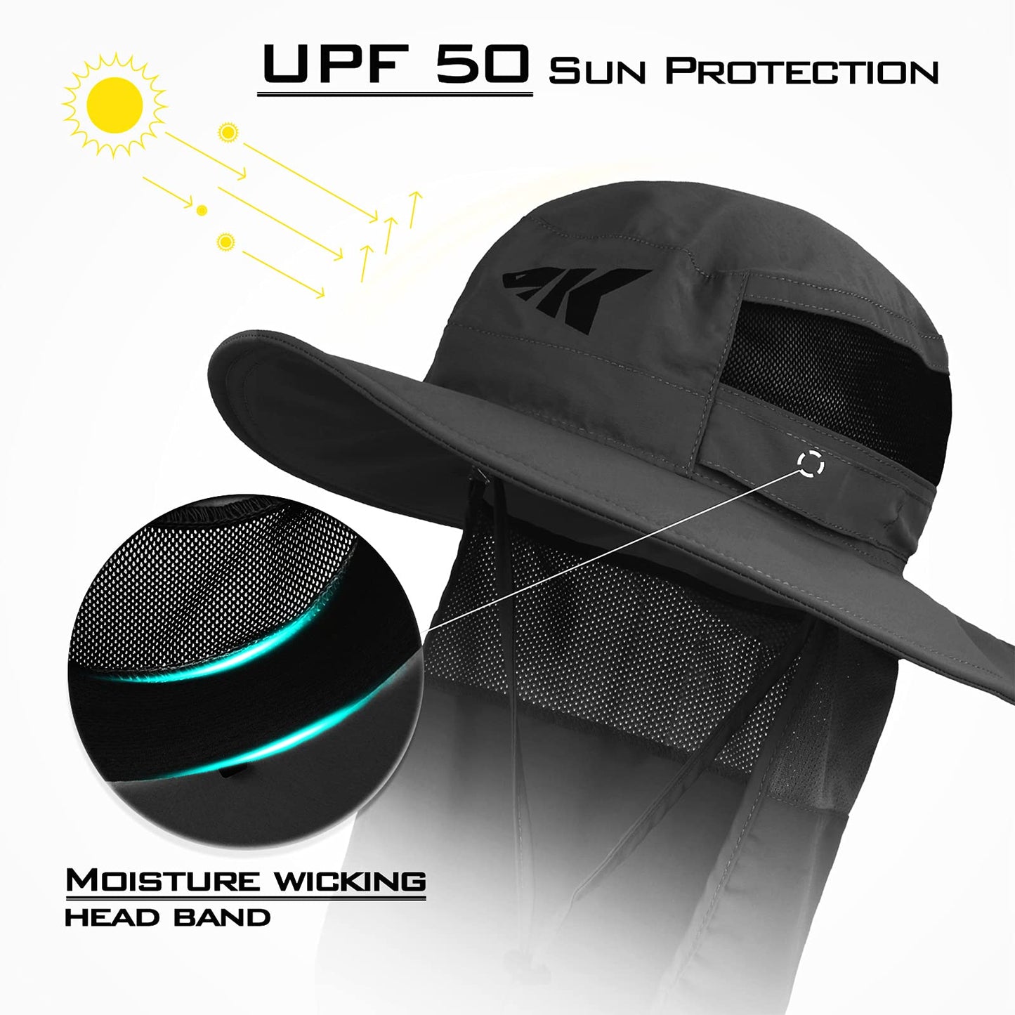 KastKing UPF 50 Boonie Hat Fishing Hat with Removable Neck Flap Sun Hats,Gray