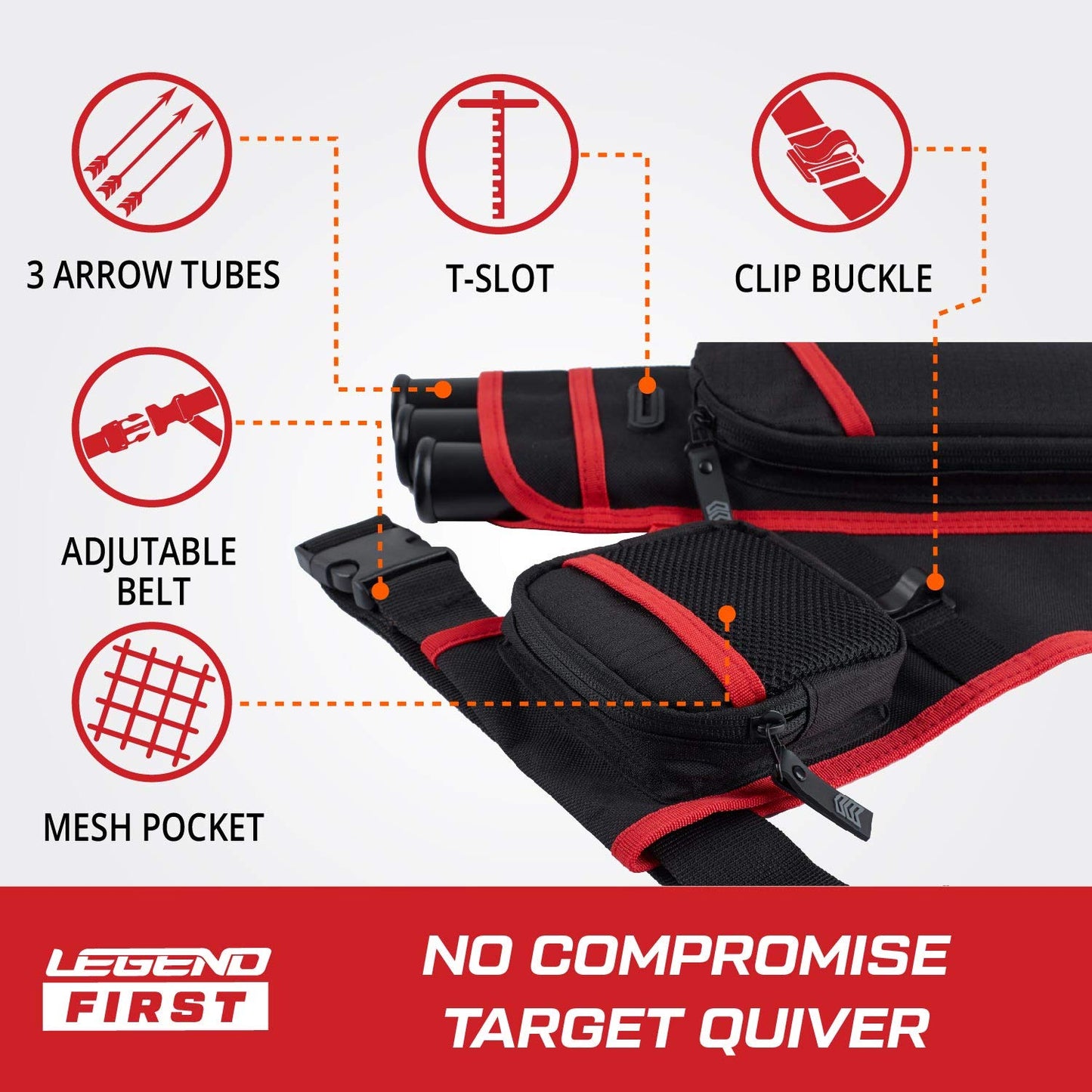 Legend First Archery Quiver Case for Arrows - Right Handed Target Shooting Hip Quivers with Adjustable Belt & 3 Arrow Tubes - Durable T-Slot & Storage Pockets for Accessories & Score Card - Black/Red