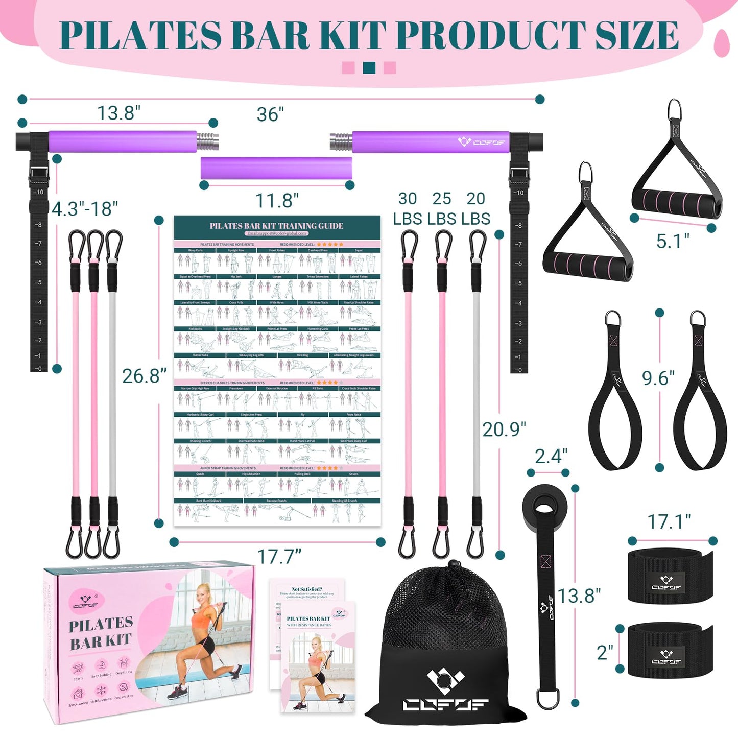 Pilates Bar Kit with Resistance Bands, Multifunctional Yoga Pilates Bar with Heavy-Duty Metal Adjustment Buckle, Portable Home Gym Pilates Resistance Bar for Women Full Body Workouts(20-150LBS)-Purple