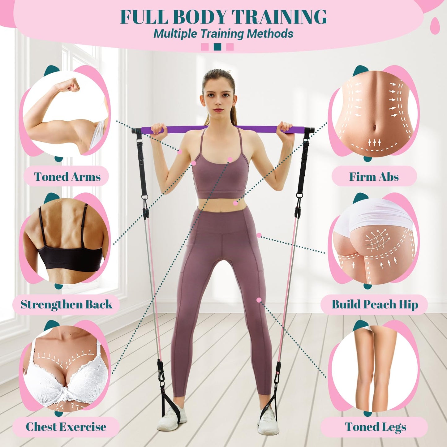 Pilates Bar Kit with Resistance Bands, Multifunctional Yoga Pilates Bar with Heavy-Duty Metal Adjustment Buckle, Portable Home Gym Pilates Resistance Bar for Women Full Body Workouts(20-150LBS)-Purple