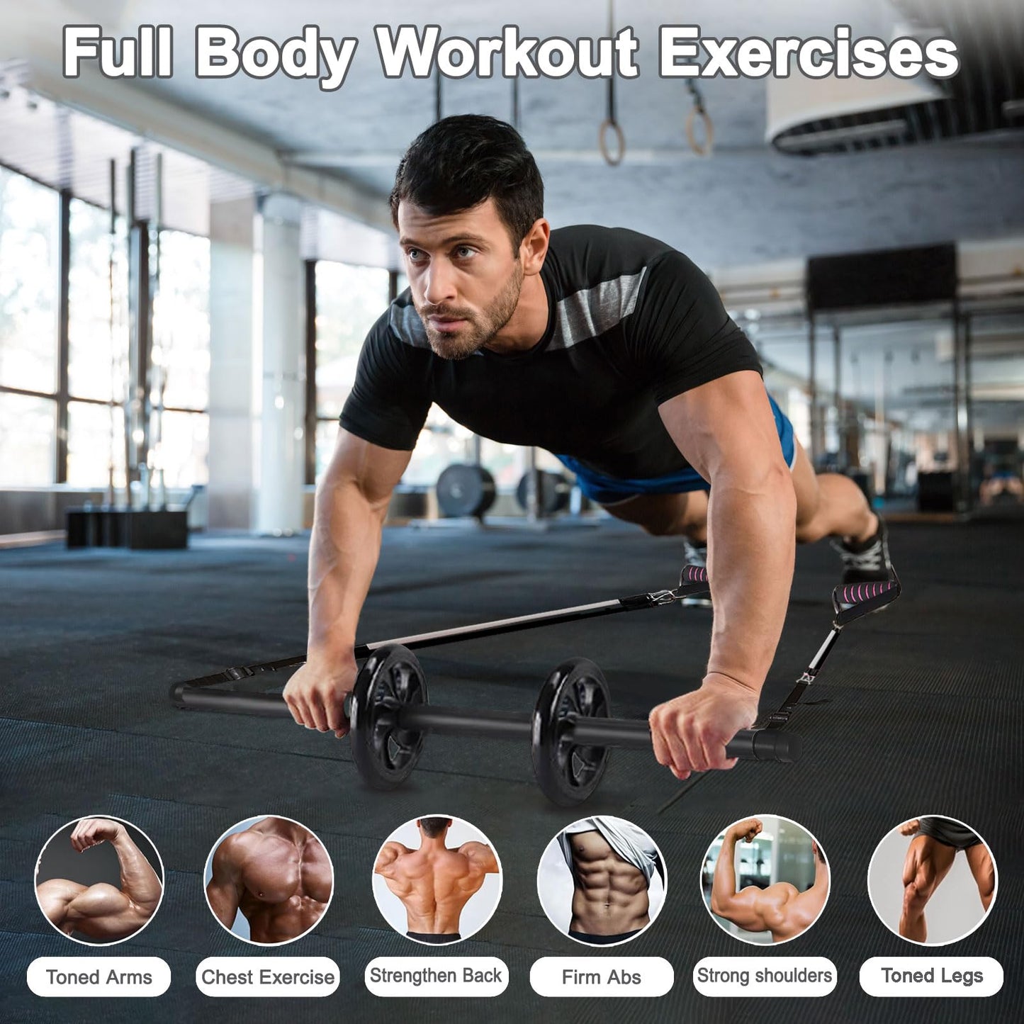 BBTOPS Pilates Bar Kit with Resistance Bands, Pilates Equipment Exercise Bar with Ab Roller for Abs Workout, Portable Home Gym Yoga Fitness Bar for Women & Men