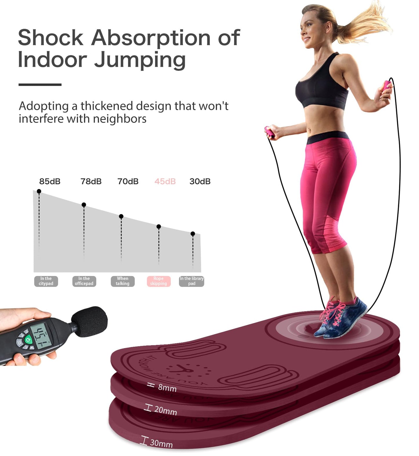 LERYG 8/20/30mm Jump Rope Mat Fitness Exercise Mat Durable, Non-Slip, Workout Mats with Jump Rope & Carrying Bag for Home Gym Flooring in Red(55"x 24")
