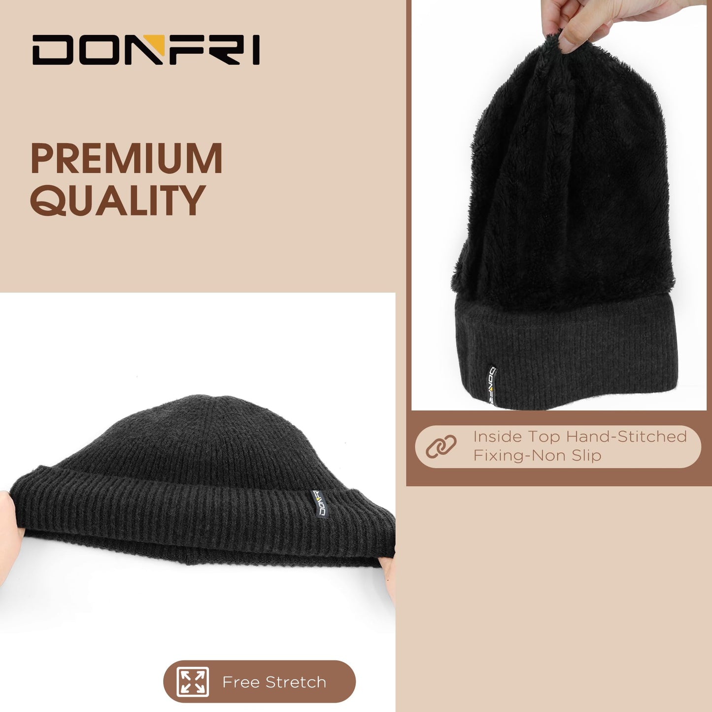 Donfri Wool Winter Beanie Hats Men Women Black Beanie Fleece Lined Super Soft Warm for Winter Skull Knit Beanie Gift