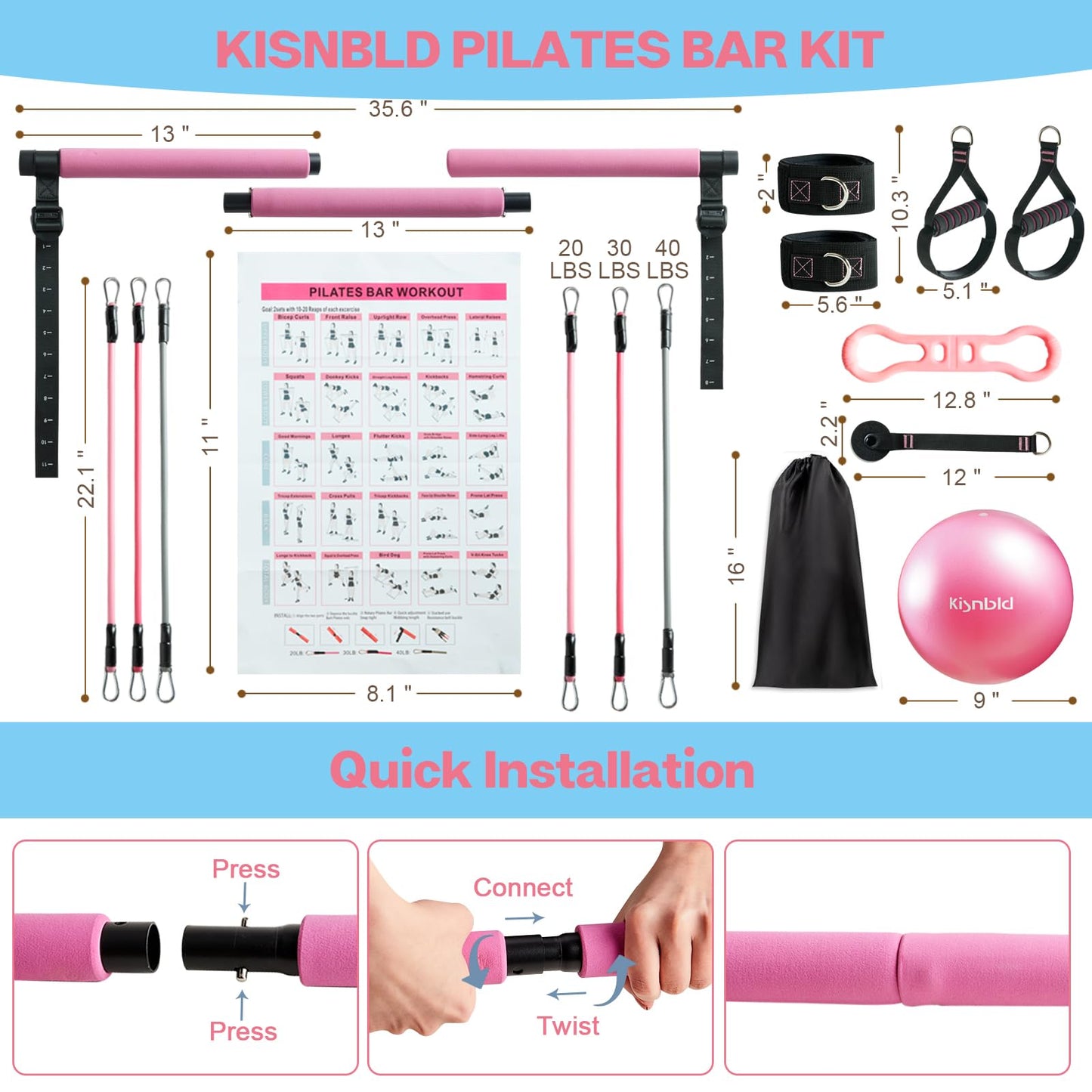 kisnbld Pilates Bar Kit with Resistance Bands, Multifunctional Pilates Bar with 3 Set Exercise Resistance Bands, Portable Pilates Equipment for Women Home Gym Yoga Workouts