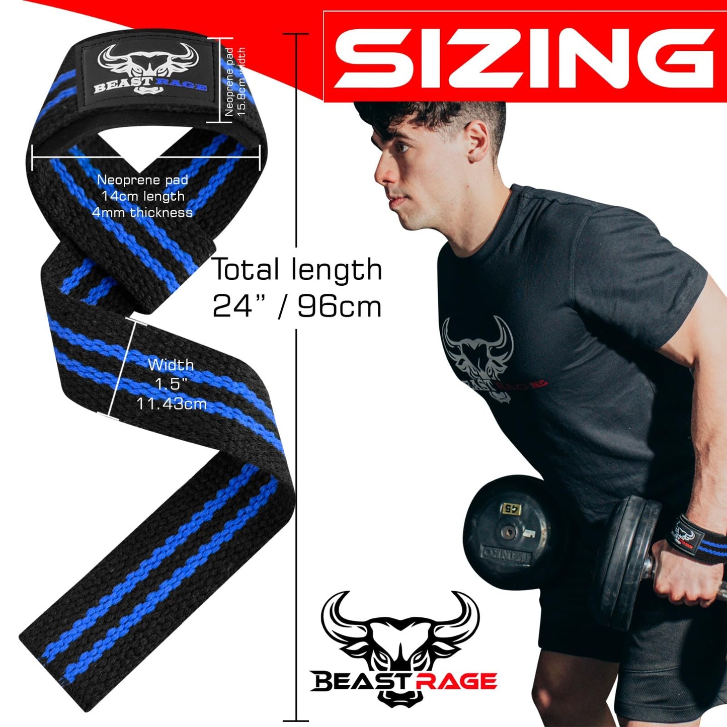 BEAST RAGE Lifting Wrist Straps for Weightlifting, Weight Lifting Straps Gym Power Workouts Lifting Straps Padded Cotton Men Women Supportive Lift Deadlift Straps Hard Pull Exercise Straps (Black/blue)