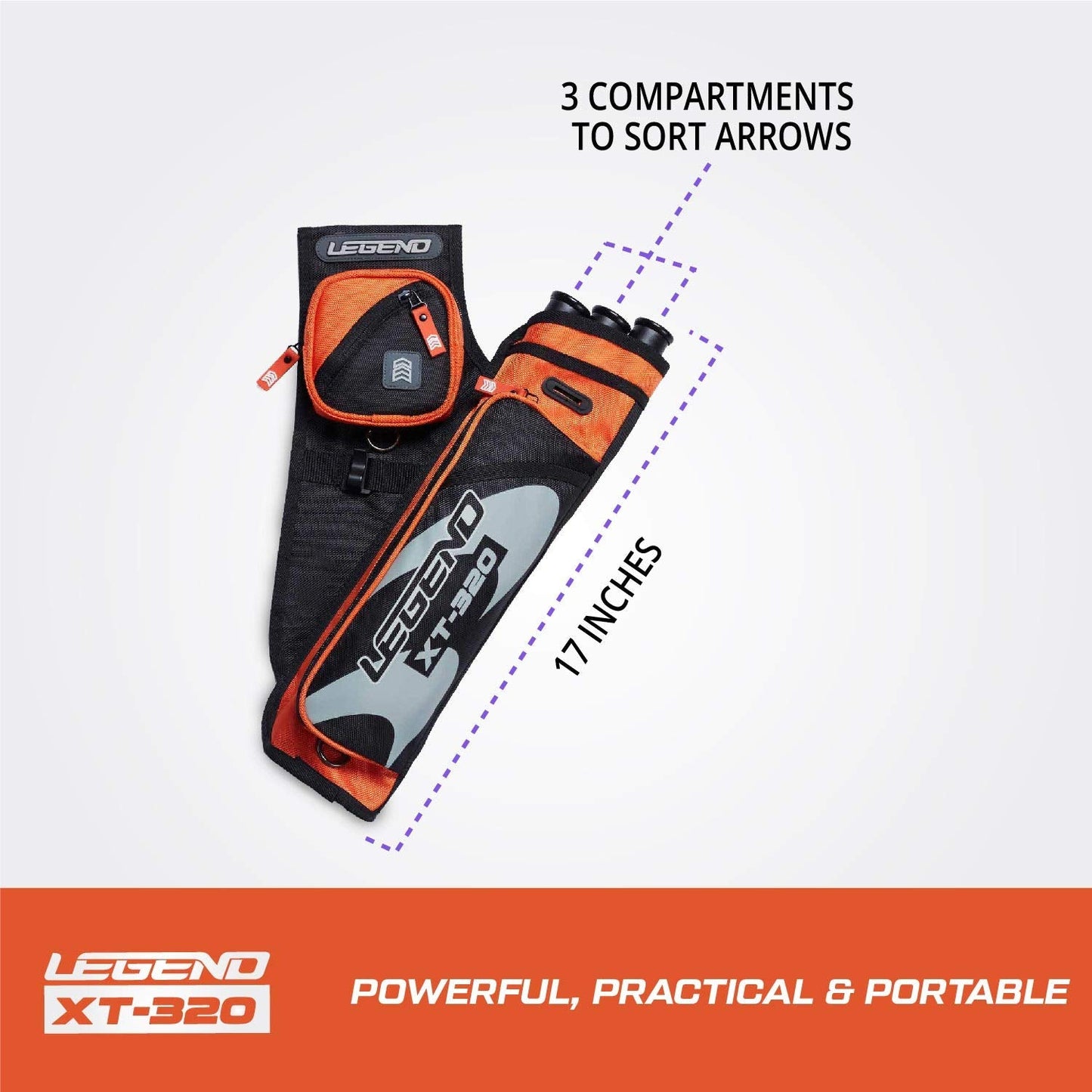 Legend XT320 Archery Quivers - Right Handed Nylon Hip Quivers with 3 Arrow Tube Cases for Target Shooting - Adjustable Waist Belt, T-Slot, Compartments for Accessories, Tools, Release Tab - Orange
