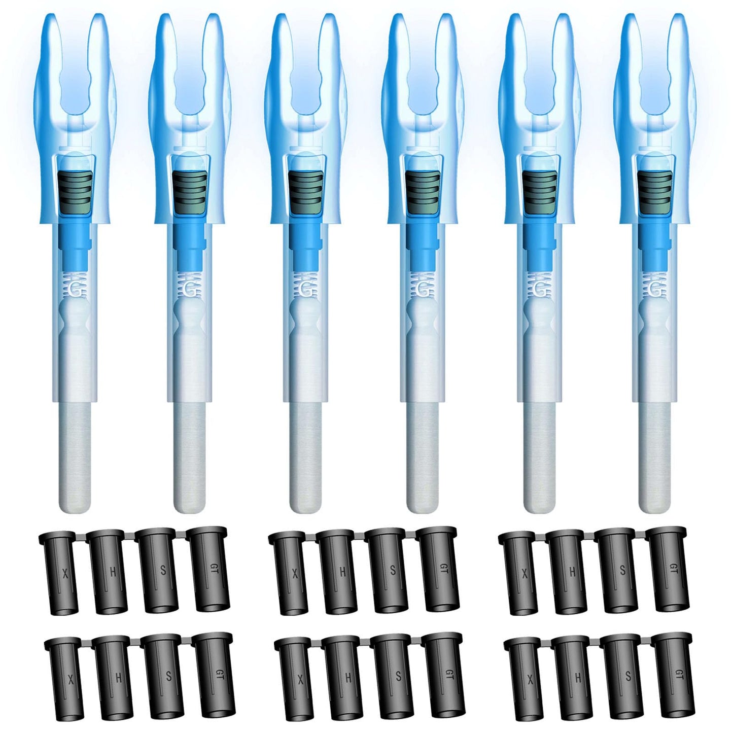 Linpeng 6PCS G Lighted Nocks for Arrows .165 .204 .233 .244 .246 with ON/Off Switch with H, S, GT Bushings LED Arrow Nocks (Blue)