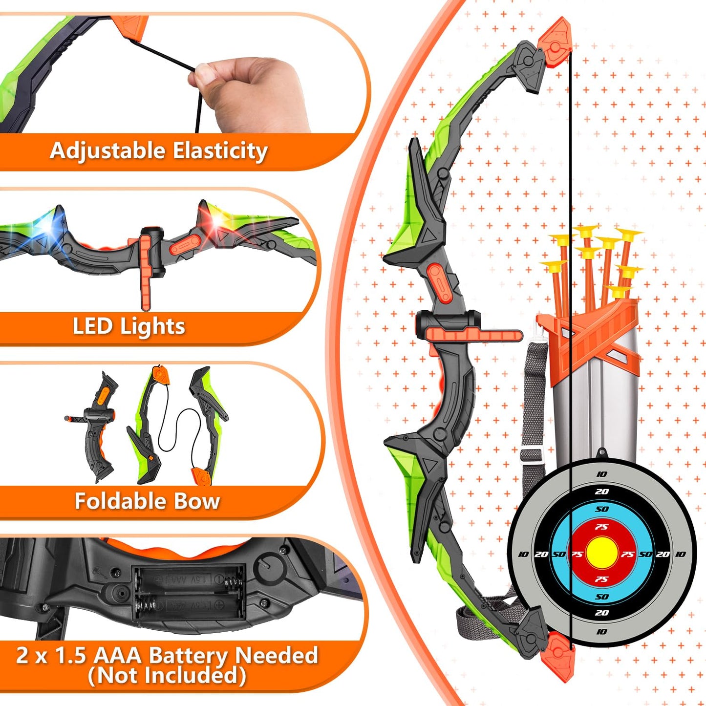Kids Bow and Arrow Toy Set, LED Light Up Archery Toys with 8 Suction Cups Arrows, Outdoor Indoor Shooting Games Toys for 6 7 8 9 10 11 12 Year Old Boys Grils Birthday Gifts